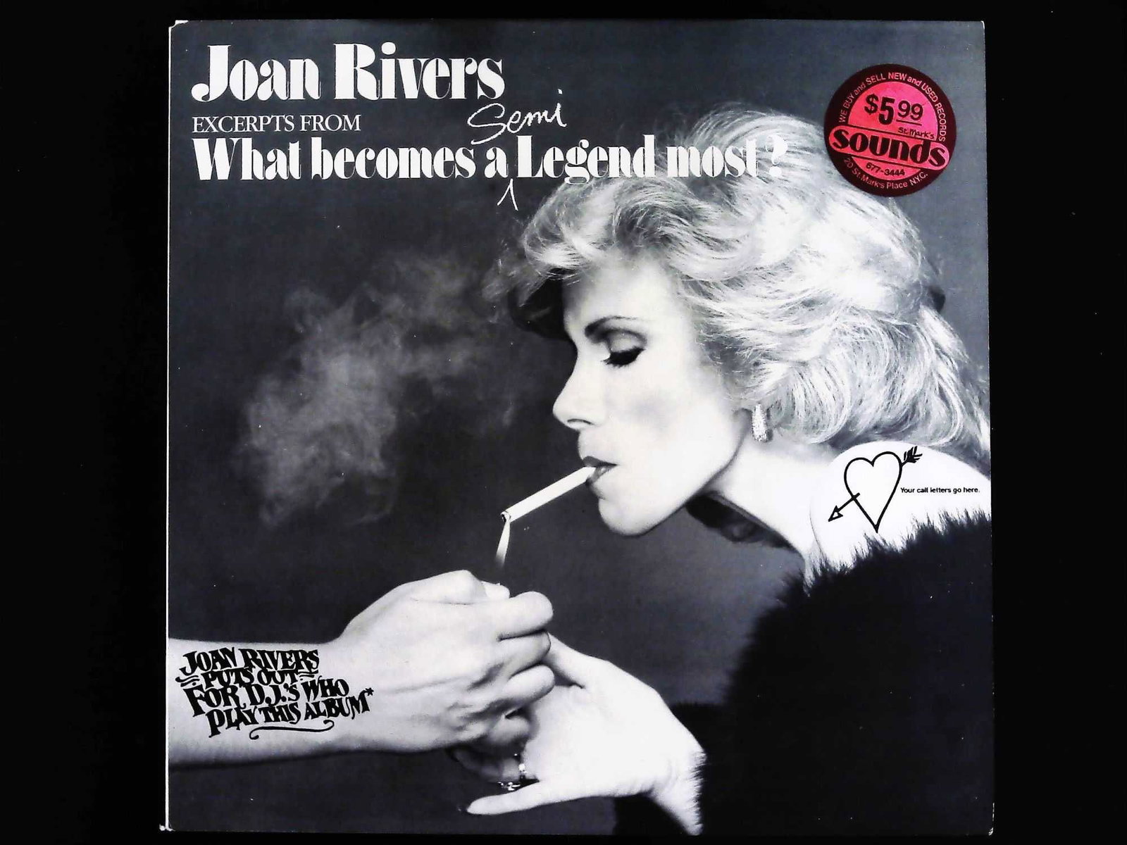 Joan Rivers EXCERPTS FROM What becomes a Semi-Legend most! Promotional LP: A single 12-inch promotional vinyl record album (LP) by Joan Rivers, titled EXCERPTS FROM What becomes a Semi-Legend most!. The album is associated with the full Geffen Records release GHS 4007, datin
