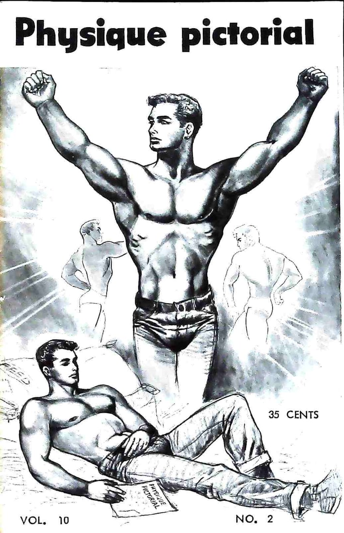 Physique Pictorial Vol. 10 No. 2 August 1960: A vintage monochrome periodical identified as Physique Pictorial Volume 10, No. 2, published in August 1960. This erotic book is associated with the Athletic Model Guild (AMG) and its founder, Bob Miz