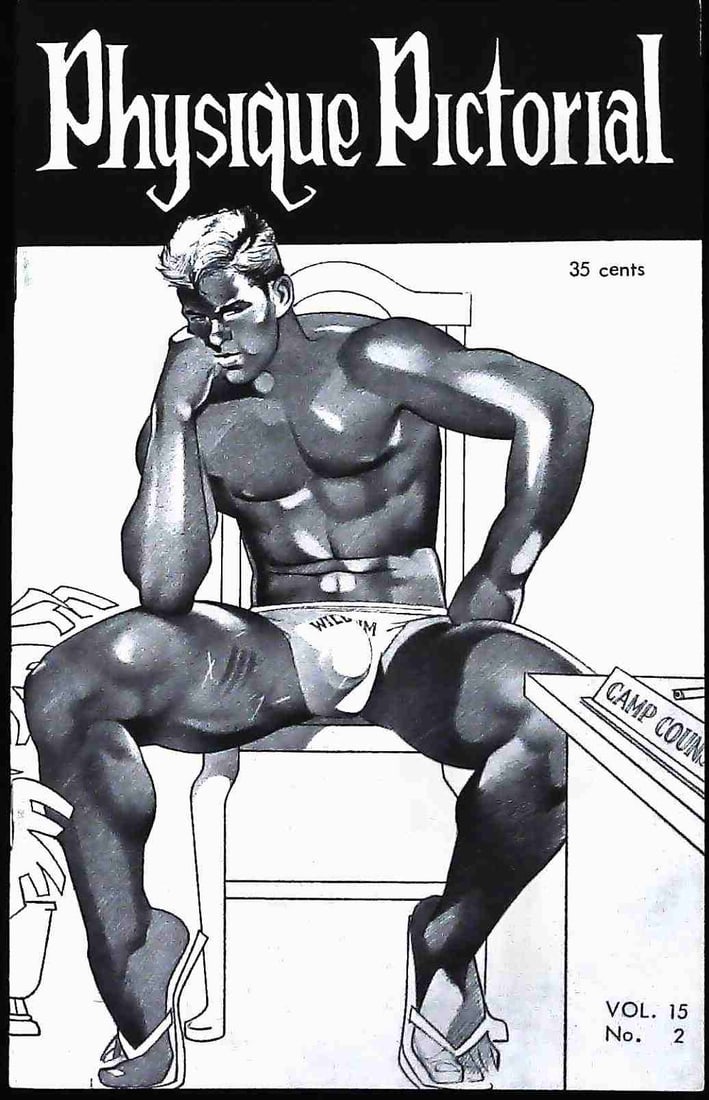 Physique Pictorial Vol. 15 No. 2, January 1966, Featuring Sam Calhoun: A vintage single copy of the periodical Physique Pictorial, Volume 15, Number 2, published circa January 1966, associated with Bob Mizer. This paper periodical features a high-contrast, stylized illus