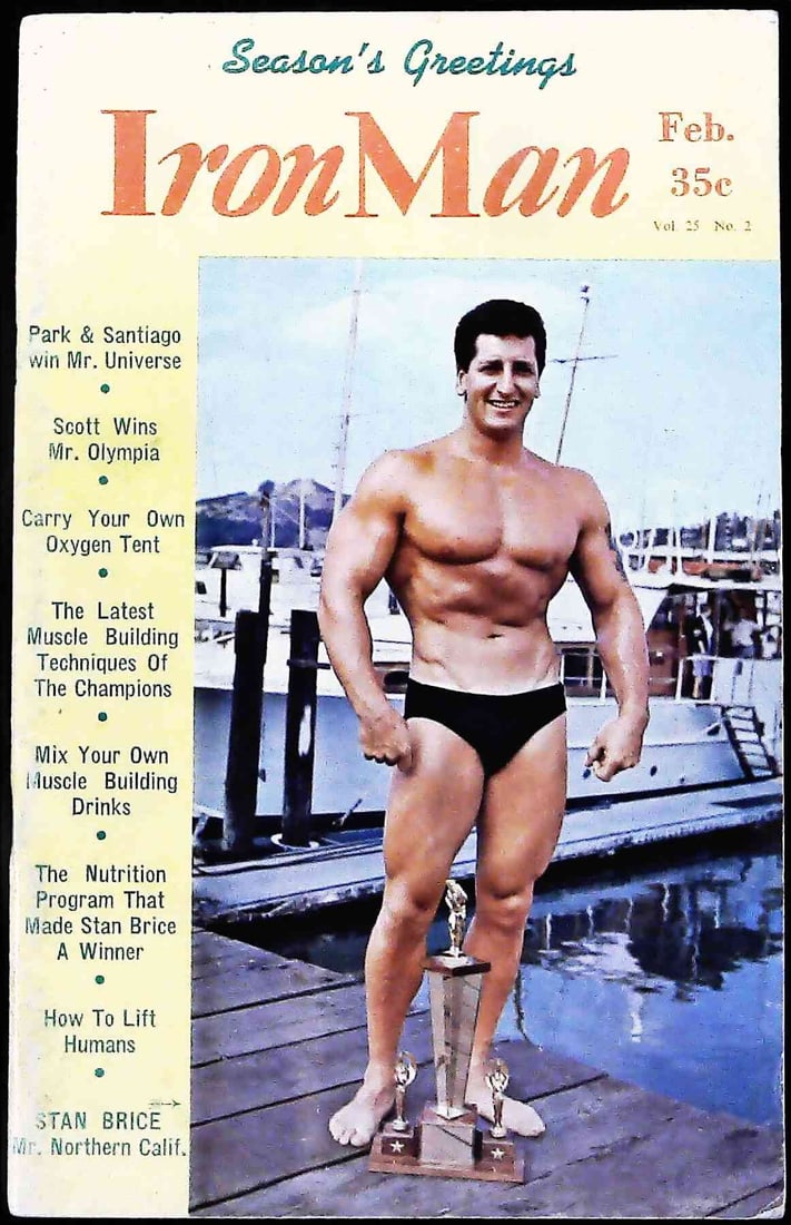 Iron Man Bodybuilding Magazine Vol 25 No 2 Feb Stan Brice Cover: A single vintage issue of the periodical Iron Man Bodybuilding Muscle Magazine, identified as Volume 25, No. 2, dated February. This specific issue features the inscription "Season's Greetings" at the