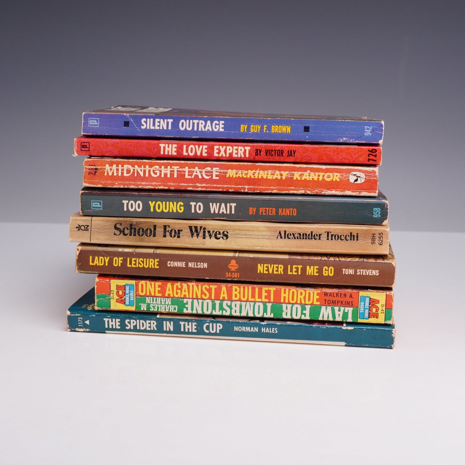 8pc Vintage Pulp Fiction, Sleaze, and Erotica Paperbacks. Various Publishers, 1950s-1960s.: This 8-piece collection of vintage mass-market paperbacks offers a diverse cross-section of mid-century pulp fiction, spanning crime, westerns, and adult-themed sleaze. The lot features Silent Outrage