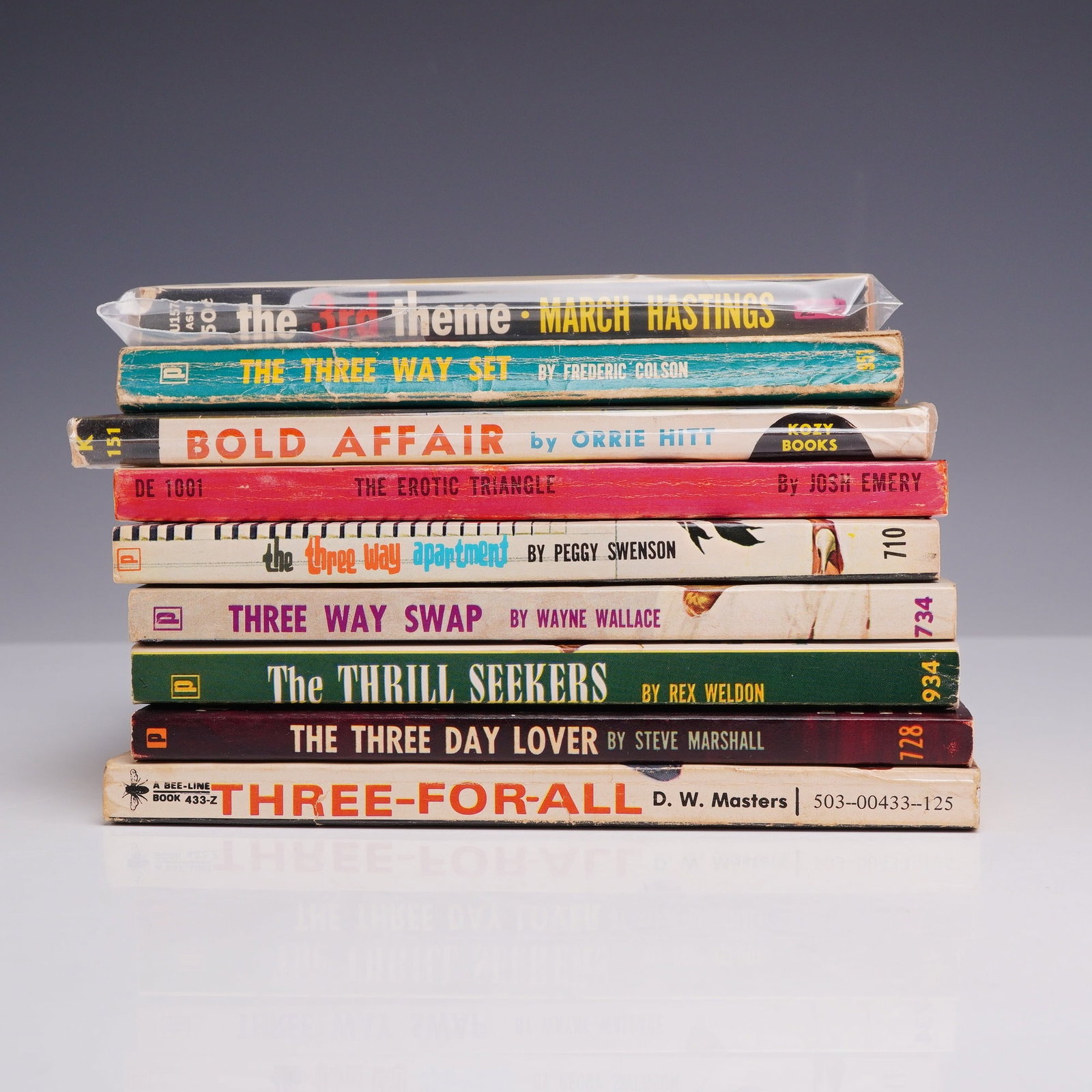 9pc Erotica and Sleaze Pulp Fiction Paperbacks. Various Publishers, ca. 1960s.: This 9-piece collection of vintage mass-market paperbacks features a selection of mid-century adult erotica and sleaze pulp fiction centered on provocative themes. The assortment includes The 3rd Them