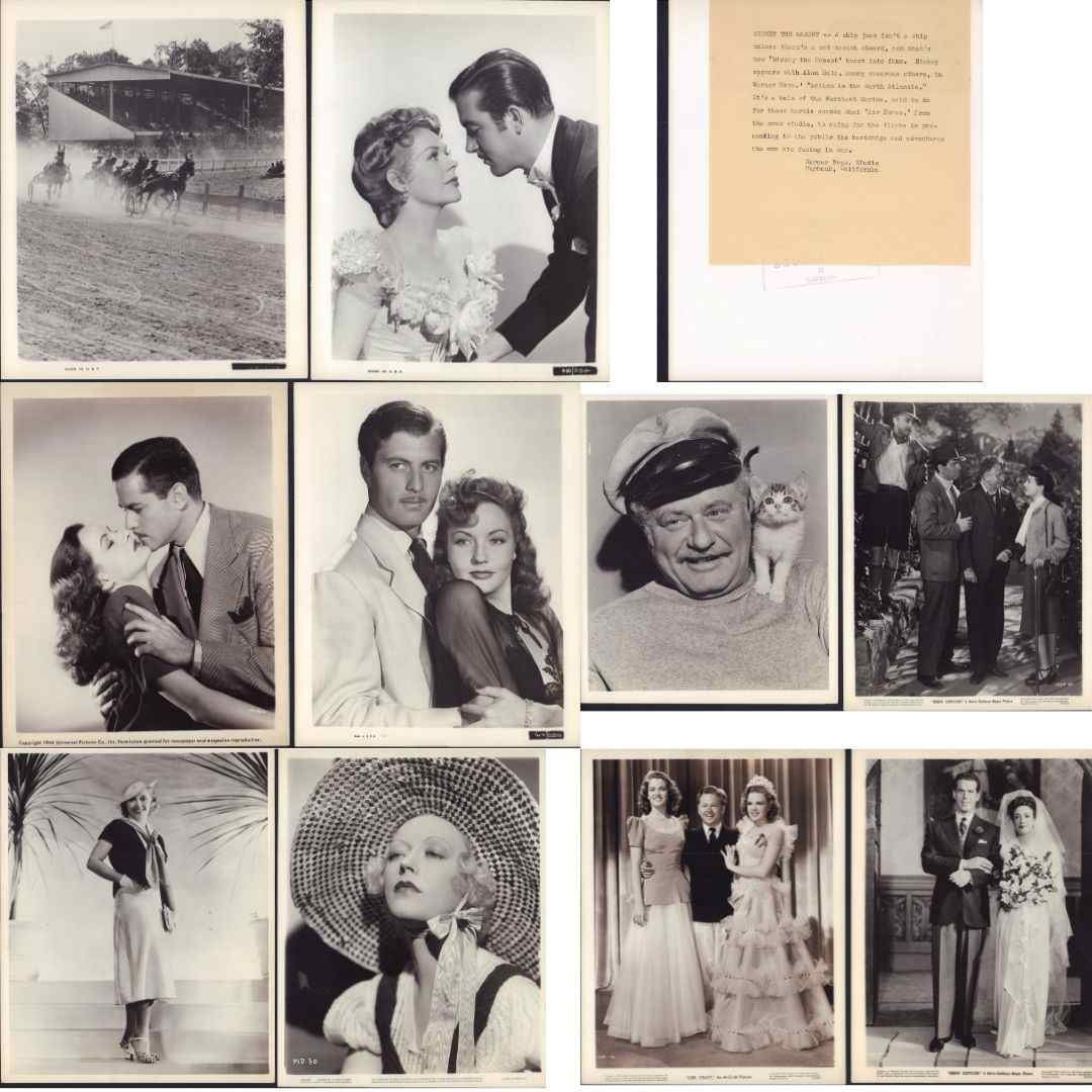 10pc Black & White Movie Stars Photos c. 1940, Garland, Rooney, Crawford, MacMurray: This lot features a collection of 10 vintage black and white silver gelatin movie star publicity photographs from the early 1940s, along with an accompanying typewritten studio publicity sheet. The co