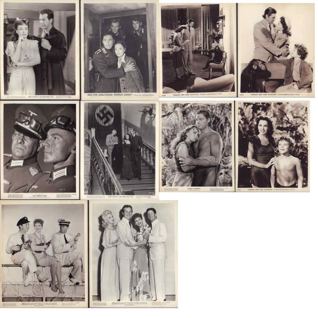 10pc Black and White Movie Star Photos c. 1940, Crawford, Errol Flynn, Reagan: This collection consists of ten vintage silver gelatin prints serving as original promotional movie stills from Hollywood productions released between 1942 and 1943. The assortment features iconic act