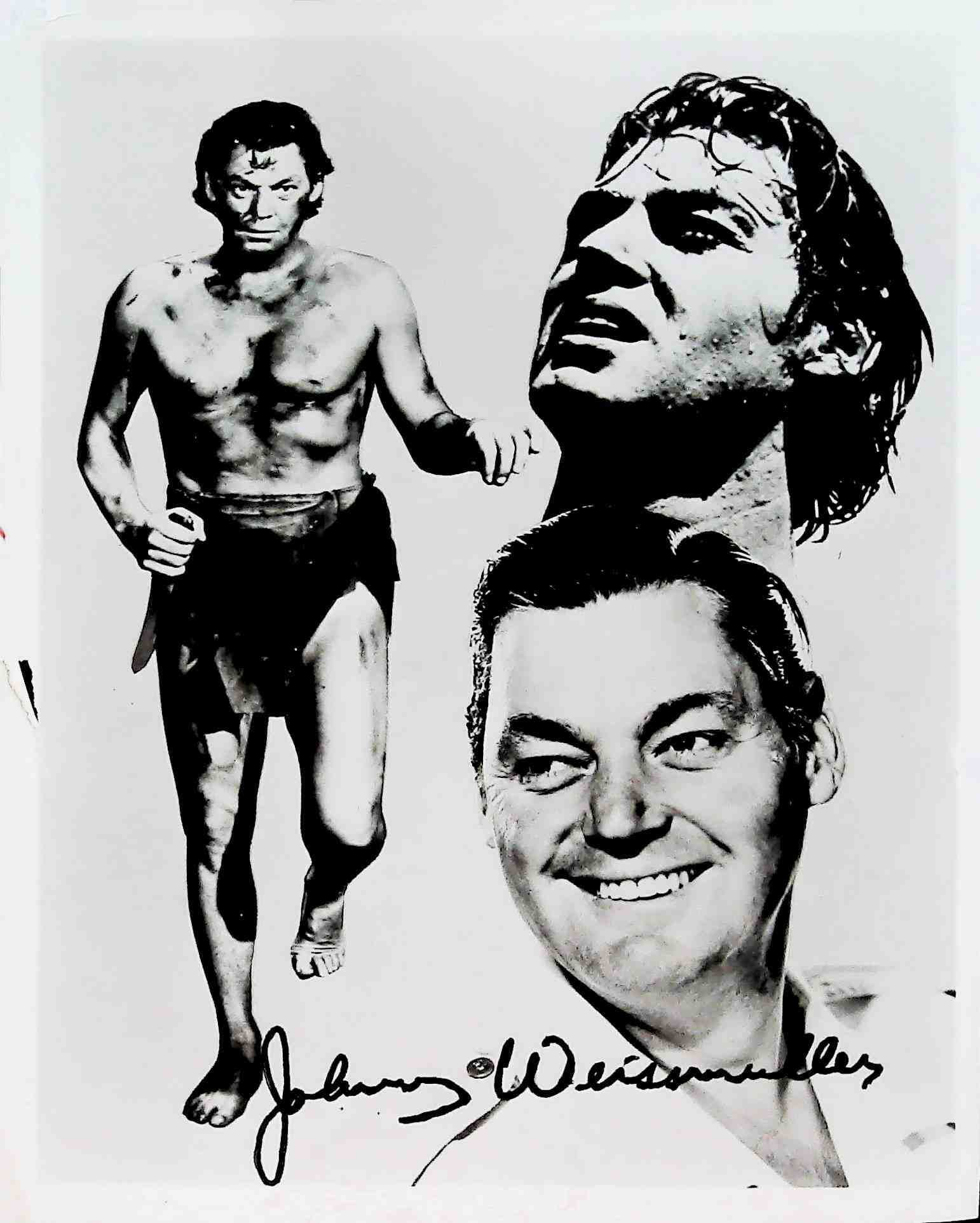 Johnny Weissmuller Signed Publicity Photograph as Tarzan: A publicity photograph featuring Johnny Weissmuller as Tarzan. This black and white photographic print features a composite image of the actor Johnny Weissmuller. It depicts him in three distinct pose