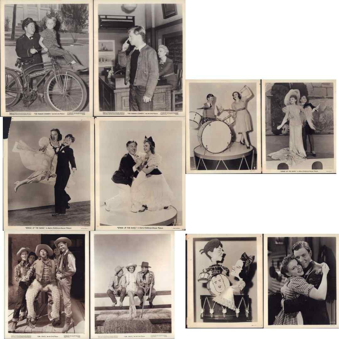 10pc MGM Black and White Publicity Stills Featuring Mickey Rooney and Judy Garland, c. 1940: This lot features a collection of ten original vintage black and white silver gelatin publicity stills of Mickey Rooney and Judy Garland, produced by Metro-Goldwyn-Mayer during the early 1940s. The co