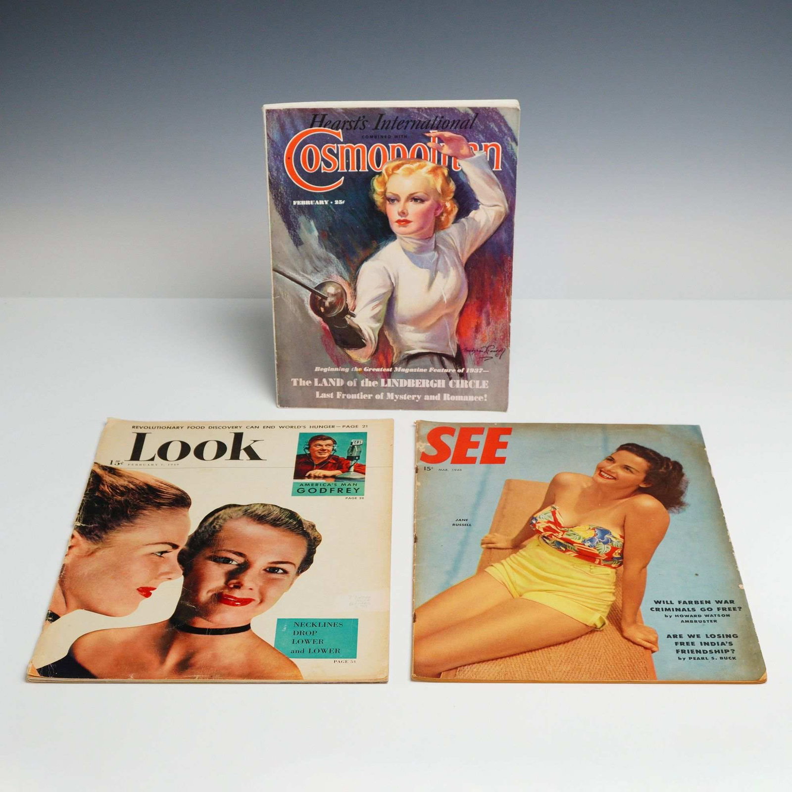 A Trio of Vintage American Periodicals: Cosmopolitan, See, and Look, 1937-1949: This lot consists of three vintage American magazines from the mid-20th century. The collection includes Hearst's International combined with Cosmopolitan (February 1937), See (March 1948), and Look