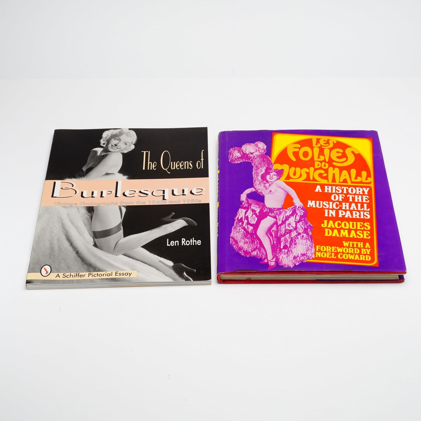 2pc Burlesque History Hardcover and Softcover Books: A lot of two books exploring the history and visual culture of burlesque and Parisian music halls. The first volume is Len Rothe, The Queens of Burlesque: Vintage Photographs from the 1940s and