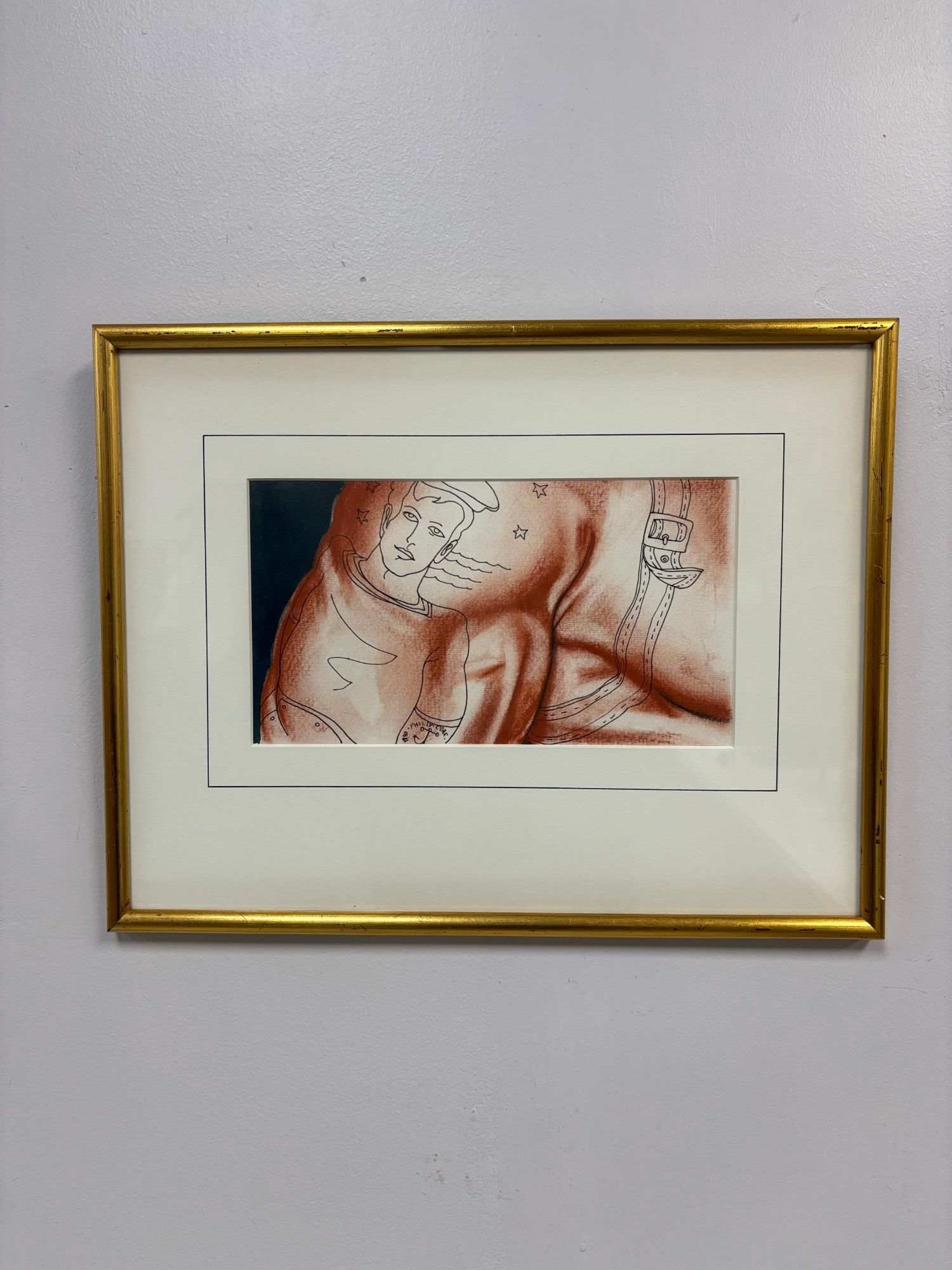 Philip Core (American, 1951-1989) Mixed Media on Wove Paper, Tattoo, 1980: This original figurative drawing by American artist Philip Core (1951-1989), titled Tattoo, is executed in ink, soft pastel, and watercolor on white wove paper. The stylized illustrative work depicts 