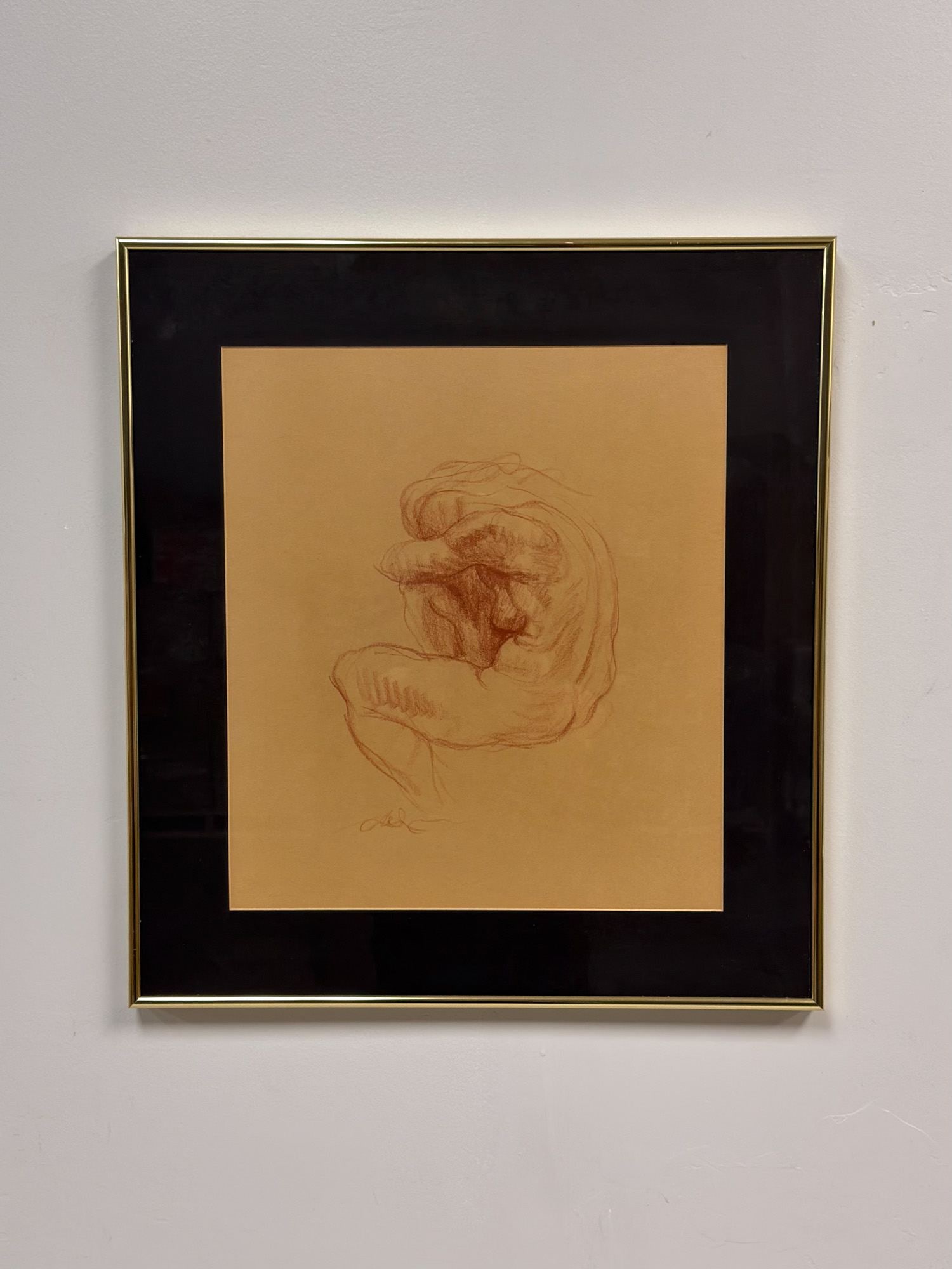Gustav Rehberger (Austrian-American, 1910-1995), Seated Nude Female, Wax Crayon on Paper: This expressionistic drawing by Gustav Rehberger (Austrian-American, 1910-1995) is executed in reddish-brown wax crayon on tan toned wove paper. The work depicts a seated female nude in a huddled, ges