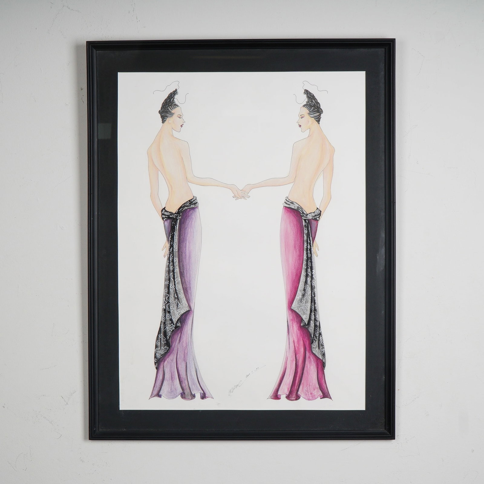 Original Art Deco Inspired Fashion Color Drawing on Paper, Signed & Dated (1 of 6)