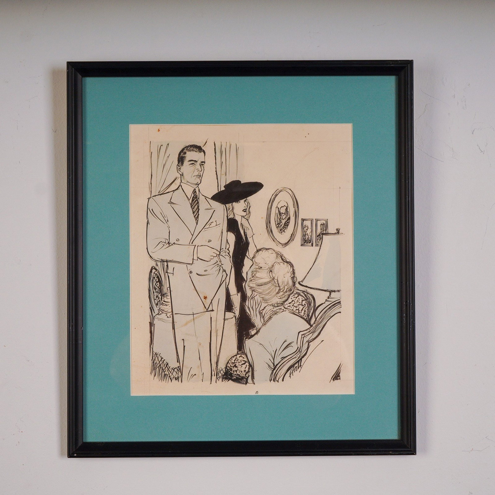 Wayne Hall Original Illustration, Don't Say That Word, 1945, Signed: Original ink illustration by artist Wayne Hall, created for the short story "Don't Say That Word" by Rupert Hughes, published March 4, 1945. The drawing captures a moment of restrained social tension: