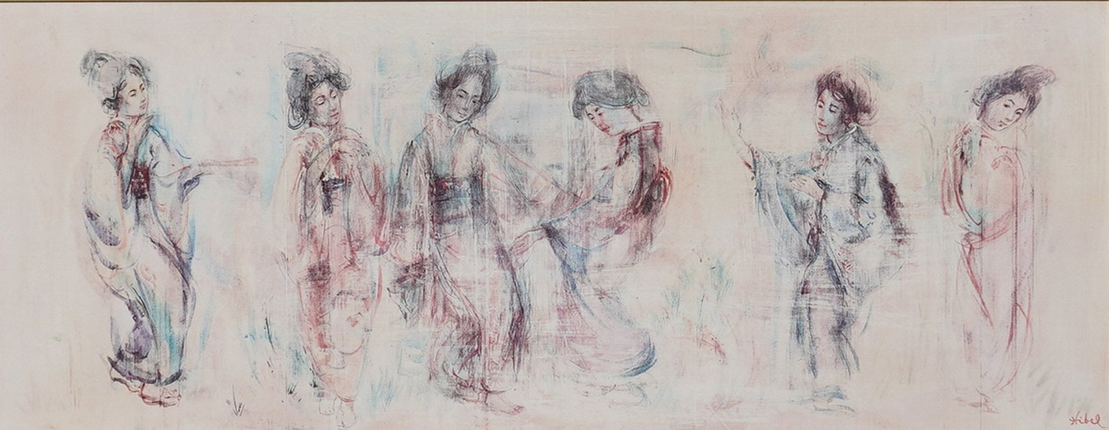 Edna Hibel Geisha Girls Lithograph: This lithograph by Edna Hibel (1917-2011) features six female figures dressed in traditional Japanese kimonos. The artwork utilizes an impressionistic style characterized by soft pastel tones of pink,