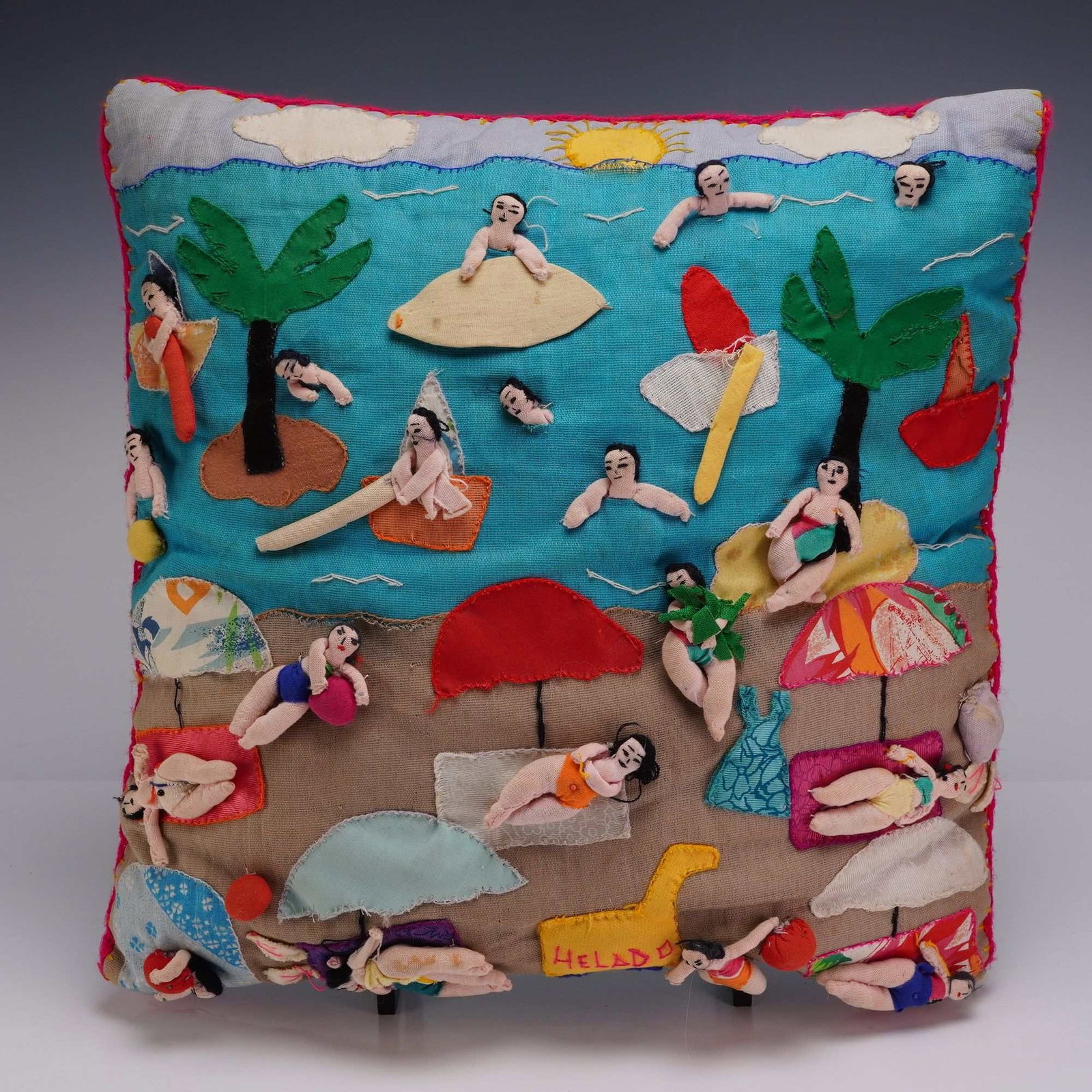 Peruvian Arpillera Folk Art Beach Scene 3D Patchwork Pillow (1 of 5)