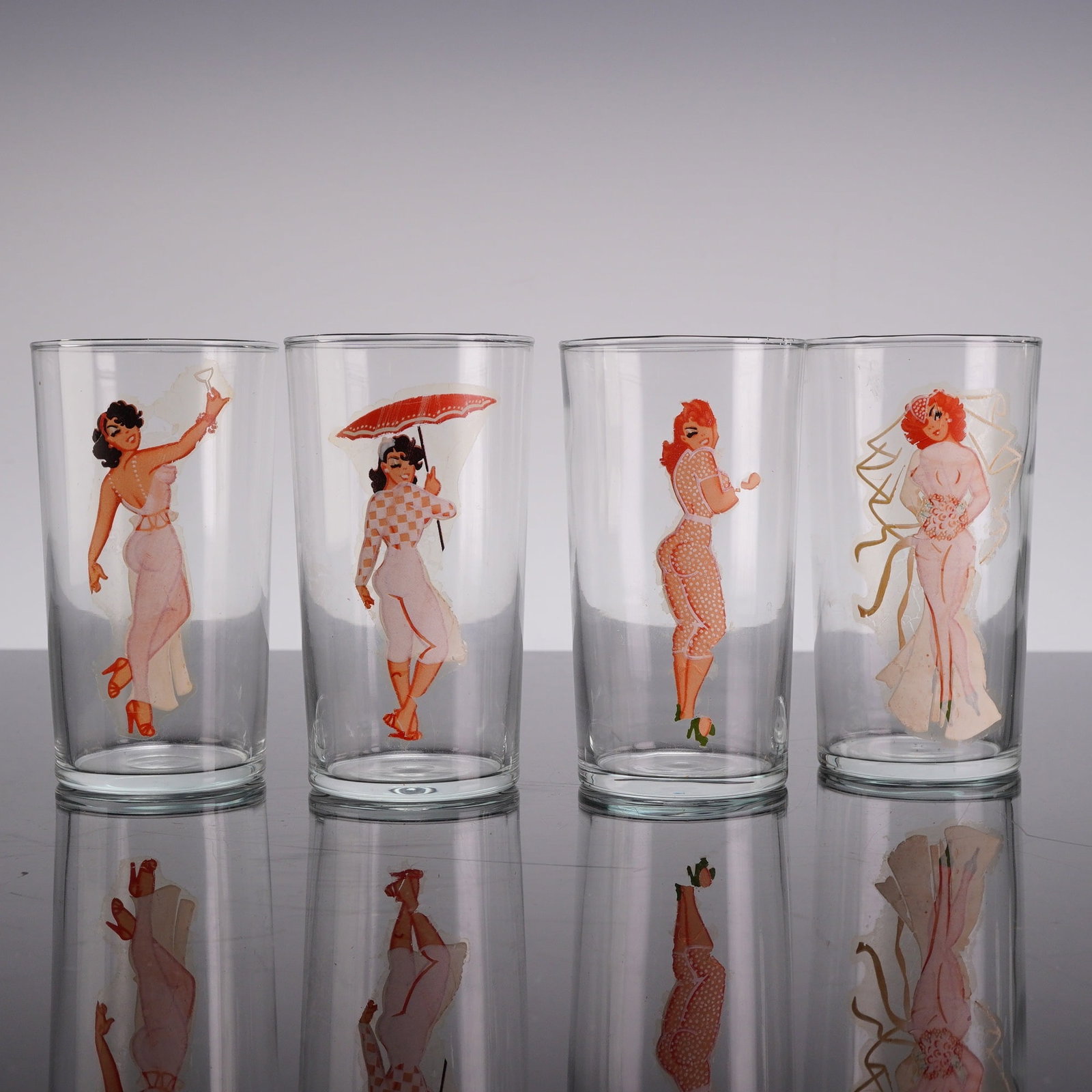 4pc Mid-Century Risque Peek-A-Boo Pin-Up Highball Glasses (1 of 3)
