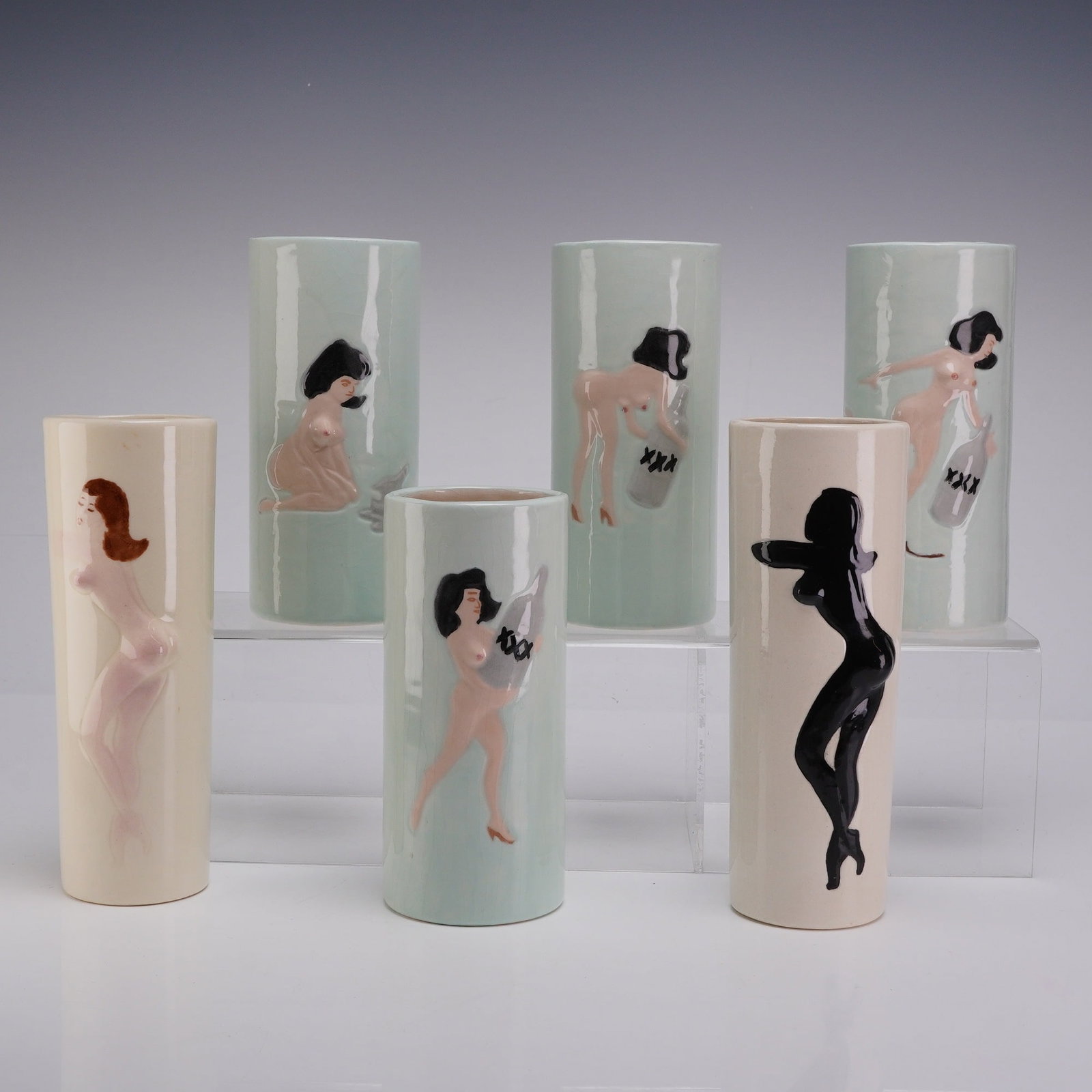 Set of Six Mid-Century Modern Ceramic Pin-Up Novelty Tall Glasses (1 of 3)