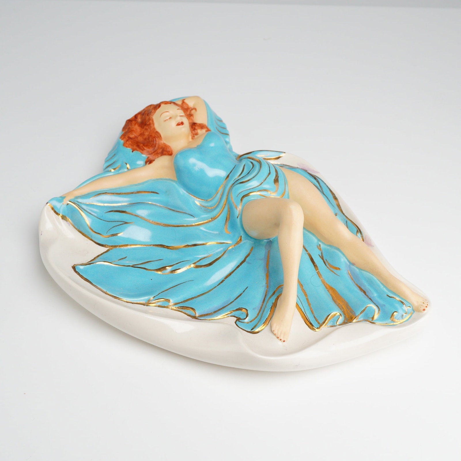 Mid-Century Ceramic Pin-up Style Girl in Blue and Gilt Ashtray (1 of 4)