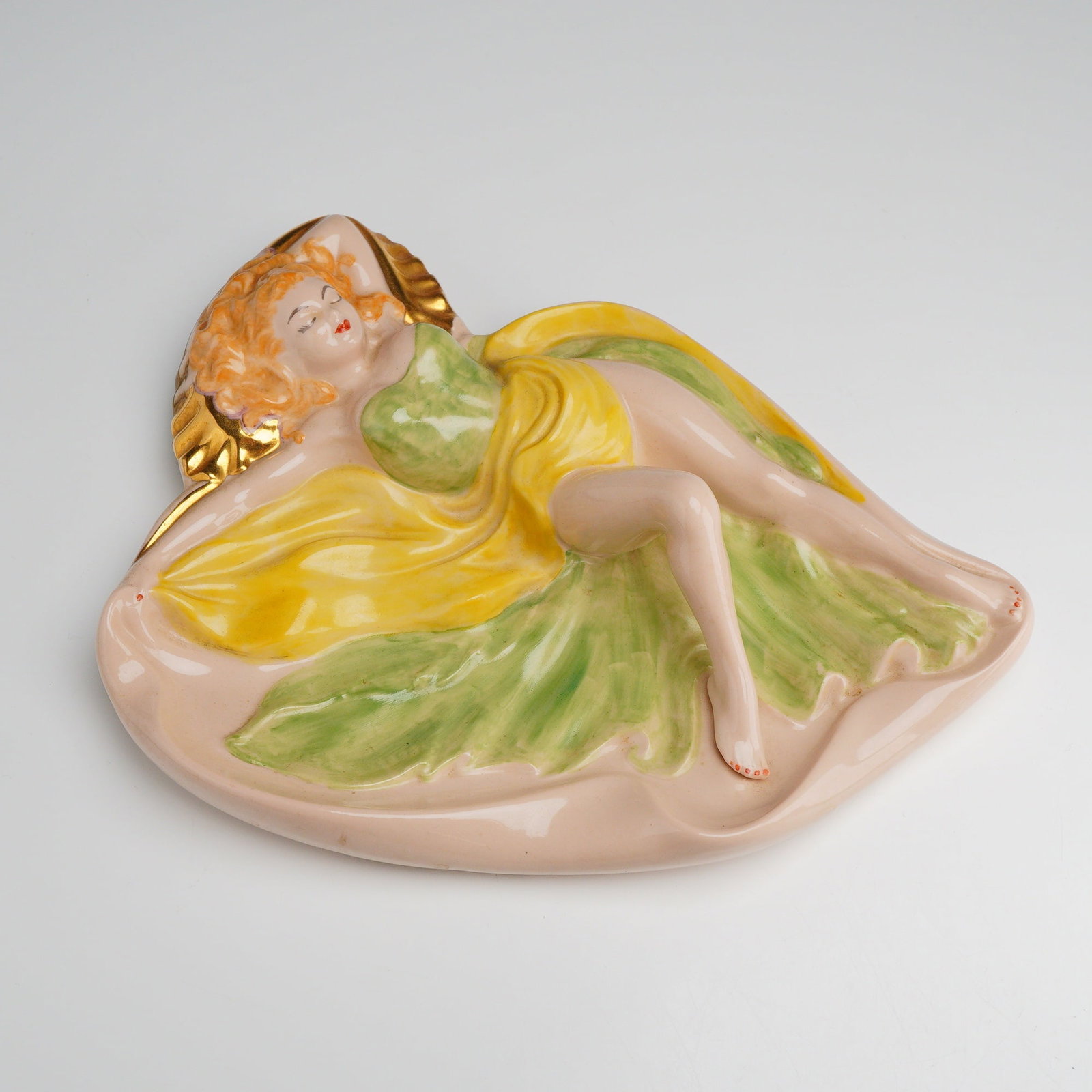 Mid-Century Ceramic Pin-Up Style Girl in Green and Yellow Ashtray (1 of 4)
