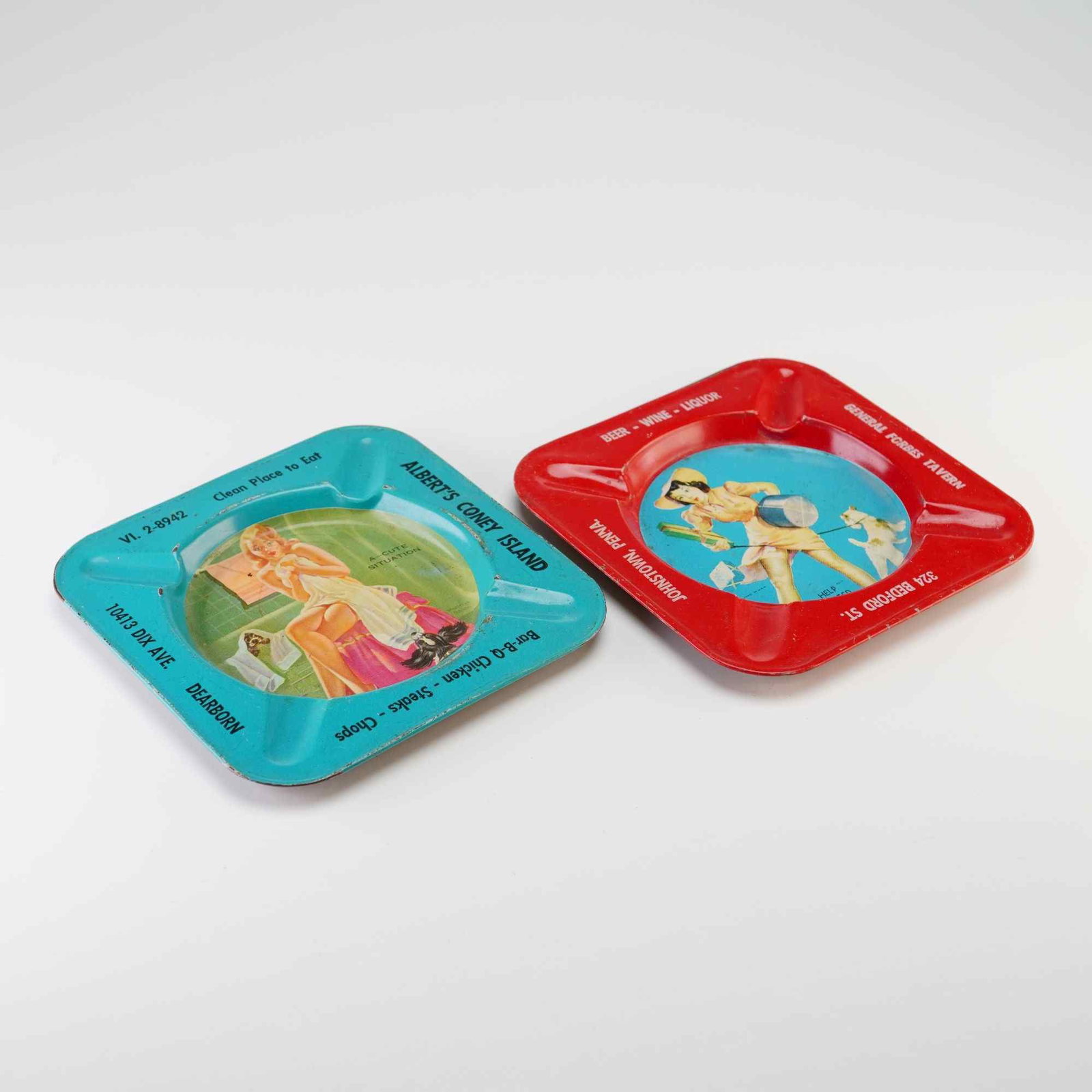 2pc Mid-20th Century Erotica Tin Pin-Up Advertising Ashtrays (1 of 3)