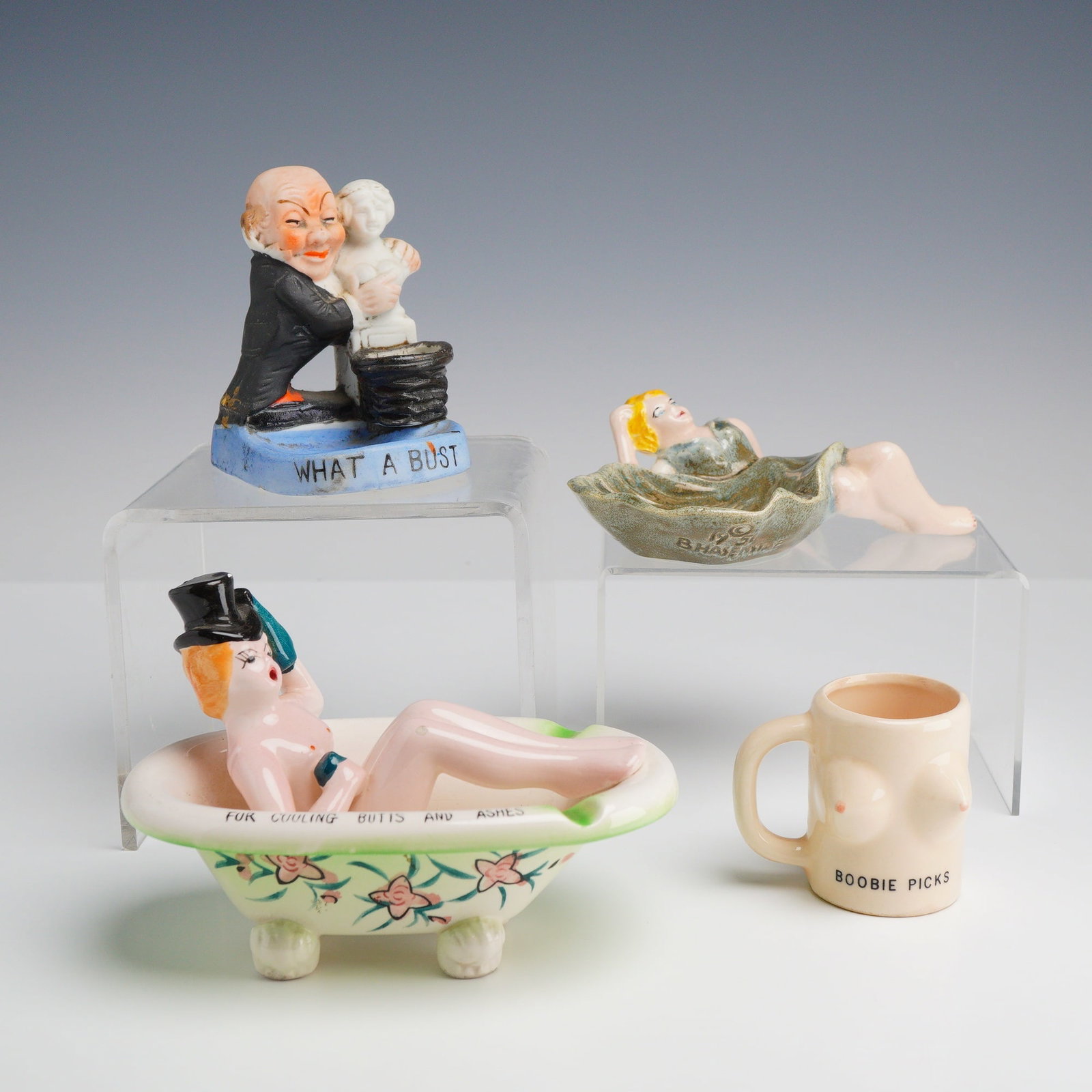 Four Risque Ceramic Vintage Novelty Barware, Toothpick Holder and Ashtrays (1 of 3)