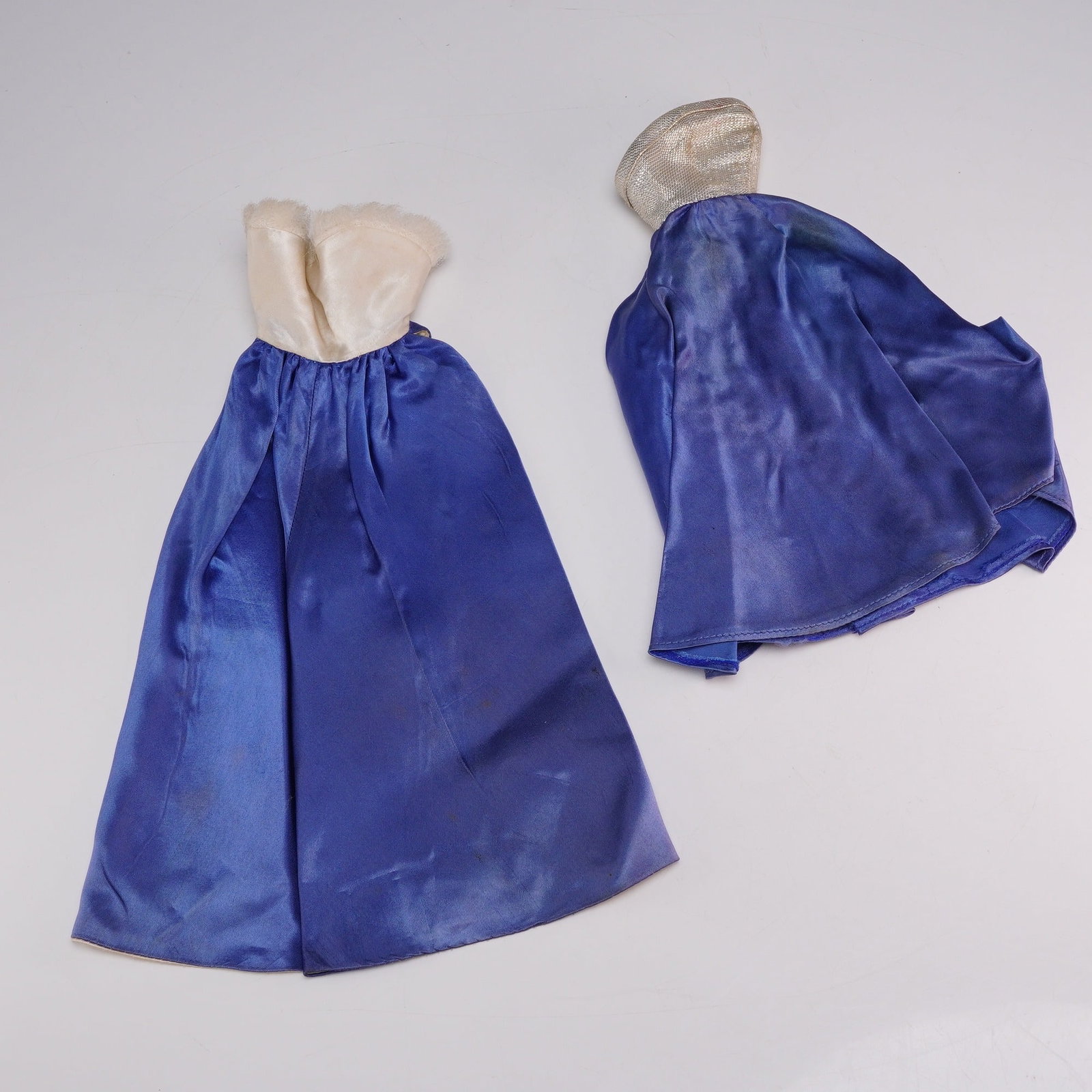 Barbie Midnight Blue 2 Piece Evening Gown and Cape Ensemble, No. 1617: A vintage two-piece doll evening ensemble produced by Mattel for the Barbie fashion doll, identified as the Midnight Blue outfit, catalog number 1617, introduced in 1965. The set includes a
