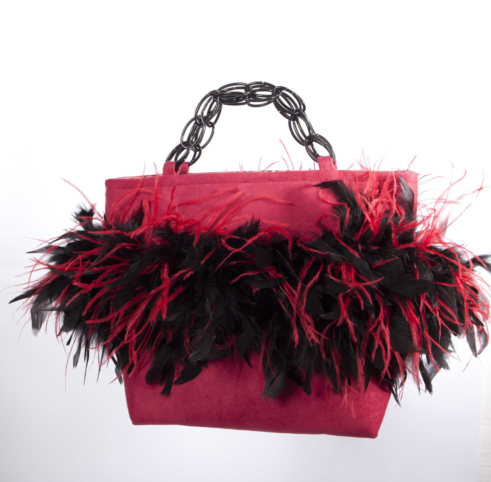Irene Marie Angel Bag, Mary Medio Fashion: One-of-a-kind, unique creation, black metal large link chain handle, cranberry suede fabric, cranberry and black leopard cotton lining, black chandelle and red ostrich feathers. Dimensions: See