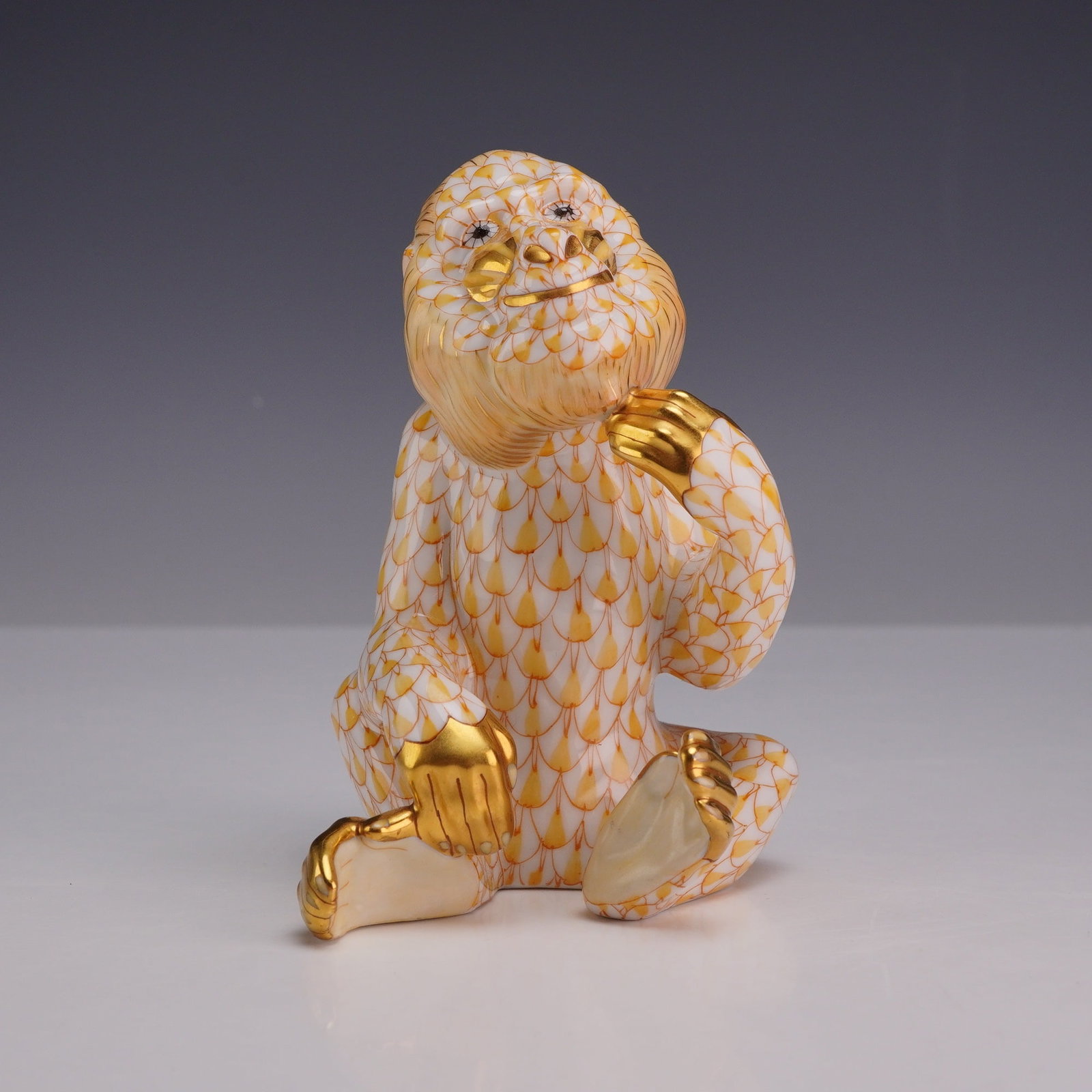 Herend Small Porcelain Sitting Gorilla Figurine in Yellow Fishnet Pattern (1 of 3)