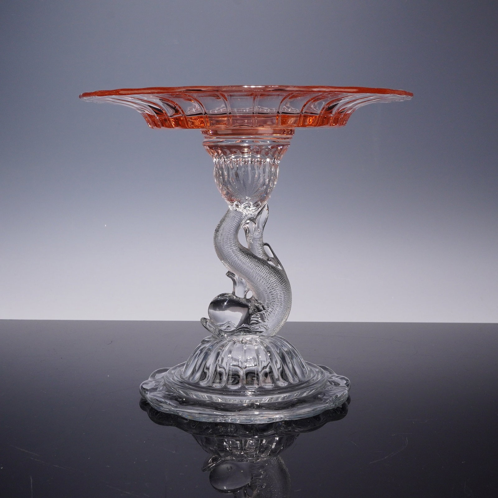 Two-Tone Pink and Clear Pressed Glass Dolphin Pedestal Compote (1 of 4)