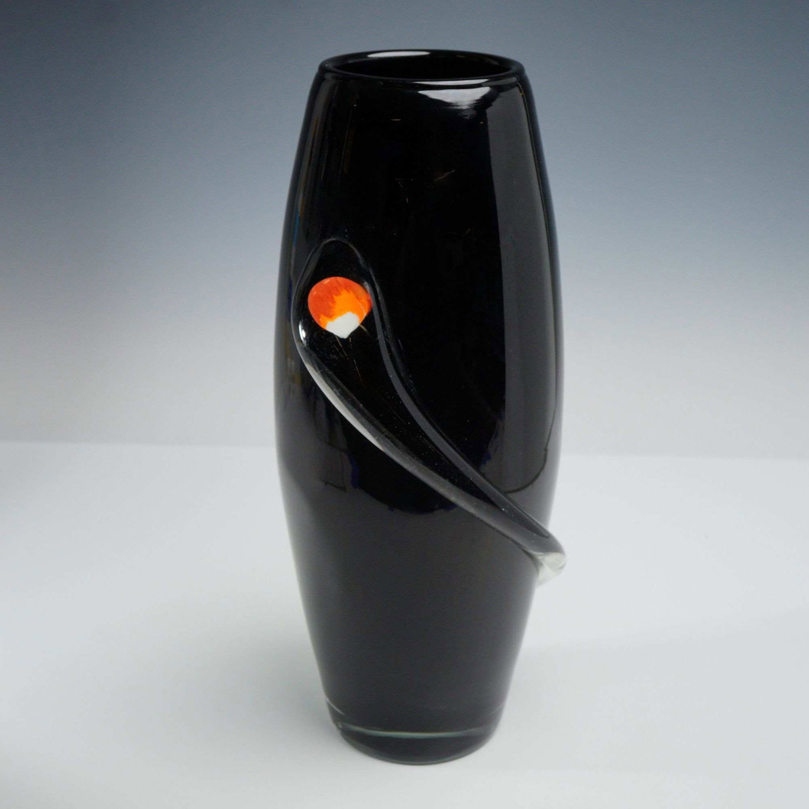 Polish Art Glass Opaque Black Vase with Applied Clear Swirl and Orange Eye (1 of 3)