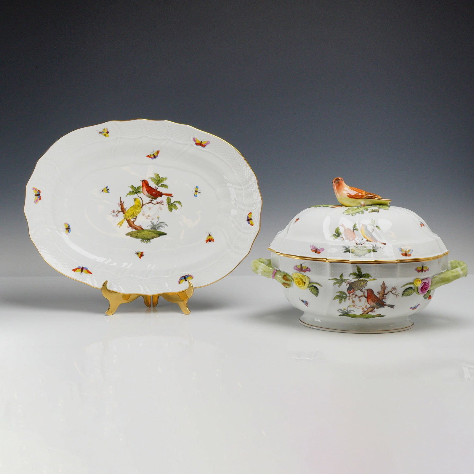 2pc Herend Rothschild Bird Porcelain Lidded Tureen with Underplate (1 of 3)