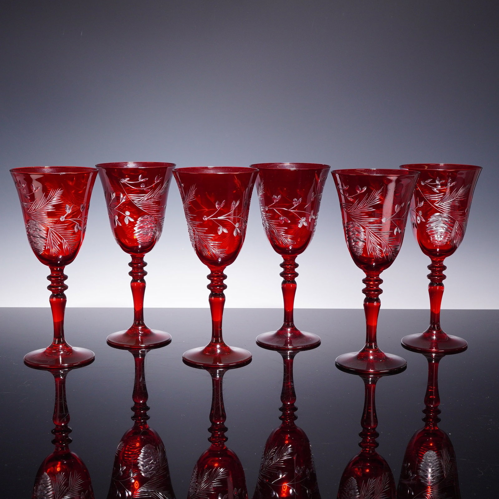 Set of Six Ruby Red Etched Wine Glasses in a Pinecone Pattern (1 of 4)