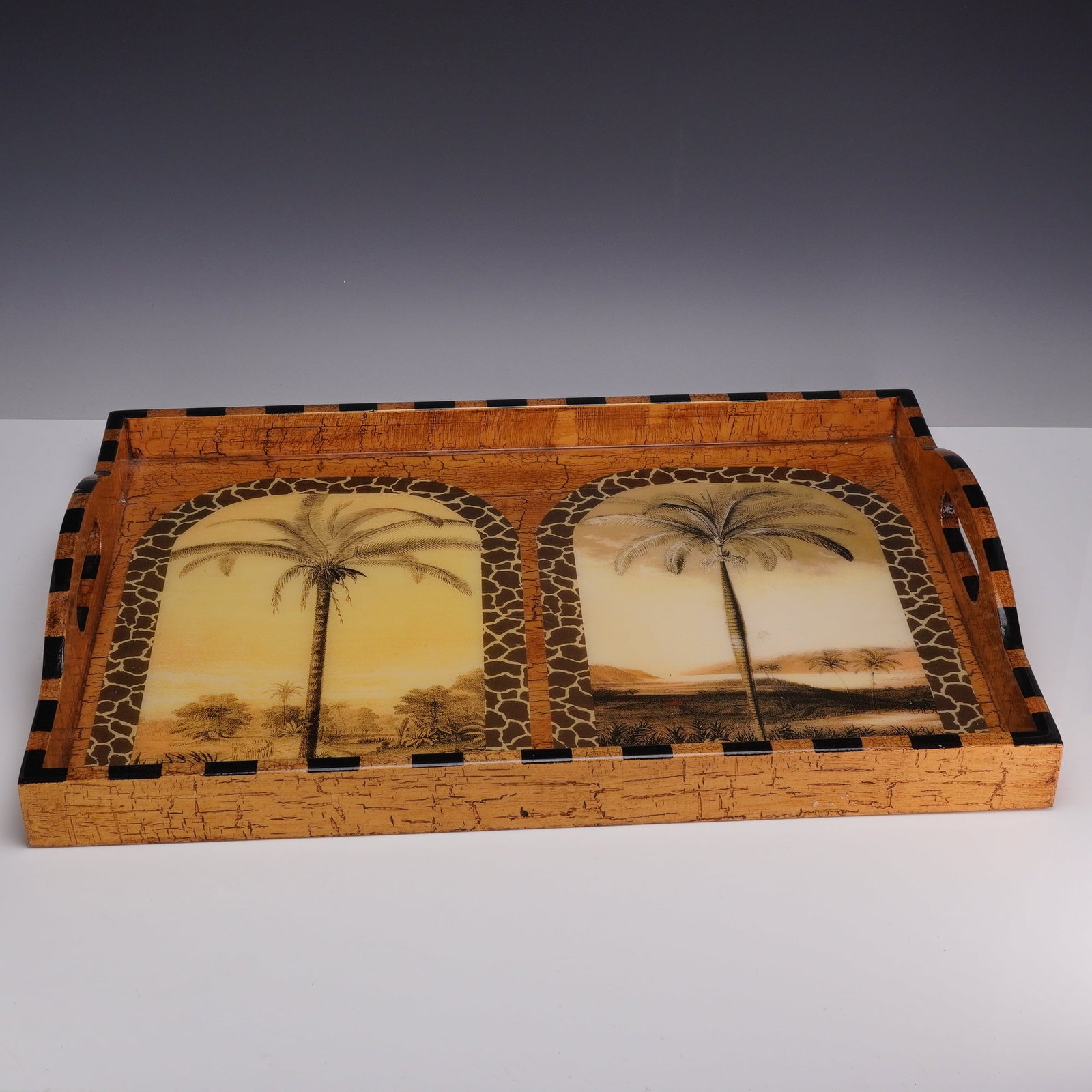Annie Modica Signed Lacquered Serving Tray with Tropical Palm Tree and Giraffe Print Motifs (1 of 4)