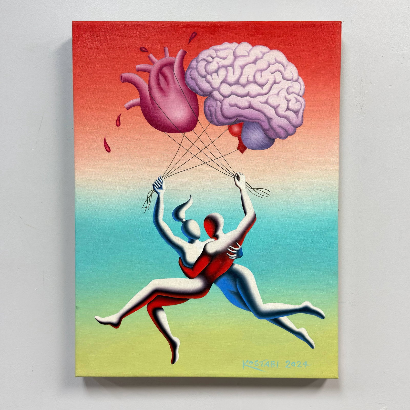 Mark Kostabi (American, b. 1960), Sacred Balance, 2024, Oil on Canvas: This original oil painting by American artist Mark Kostabi (b. 1960) is titled Sacred Balance and was executed in 2024. The composition features two of the artist's signature faceless, stylized figure