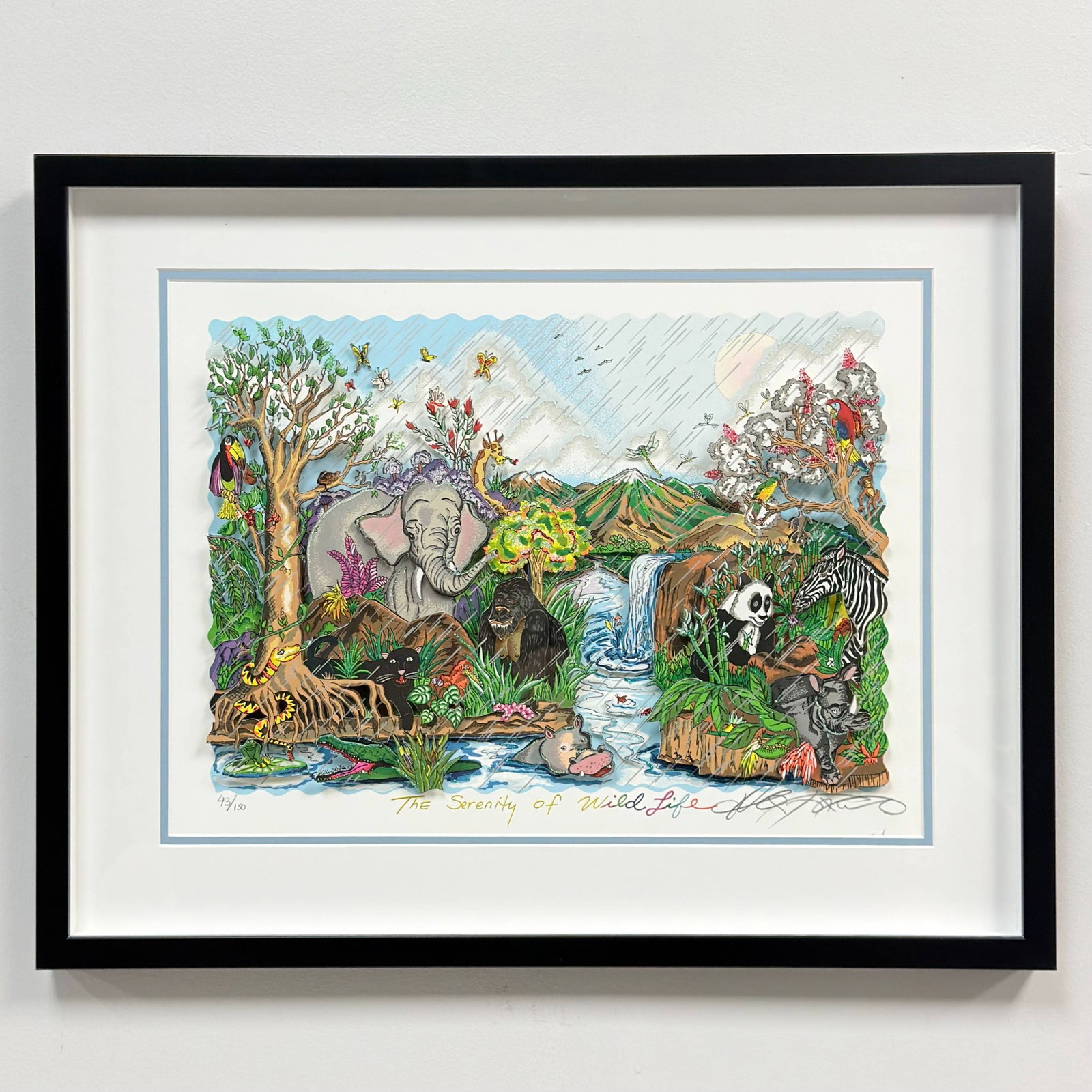 Charles Fazzino 3D Mixed Media Serigraph The Serenity of Wild Life Signed and Numbered 43/150: This three-dimensional mixed-media serigraph by American pop artist Charles Fazzino is titled The Serenity of Wild Life. The artwork is a hand-assembled, multi-layered construction featuring hand-prin