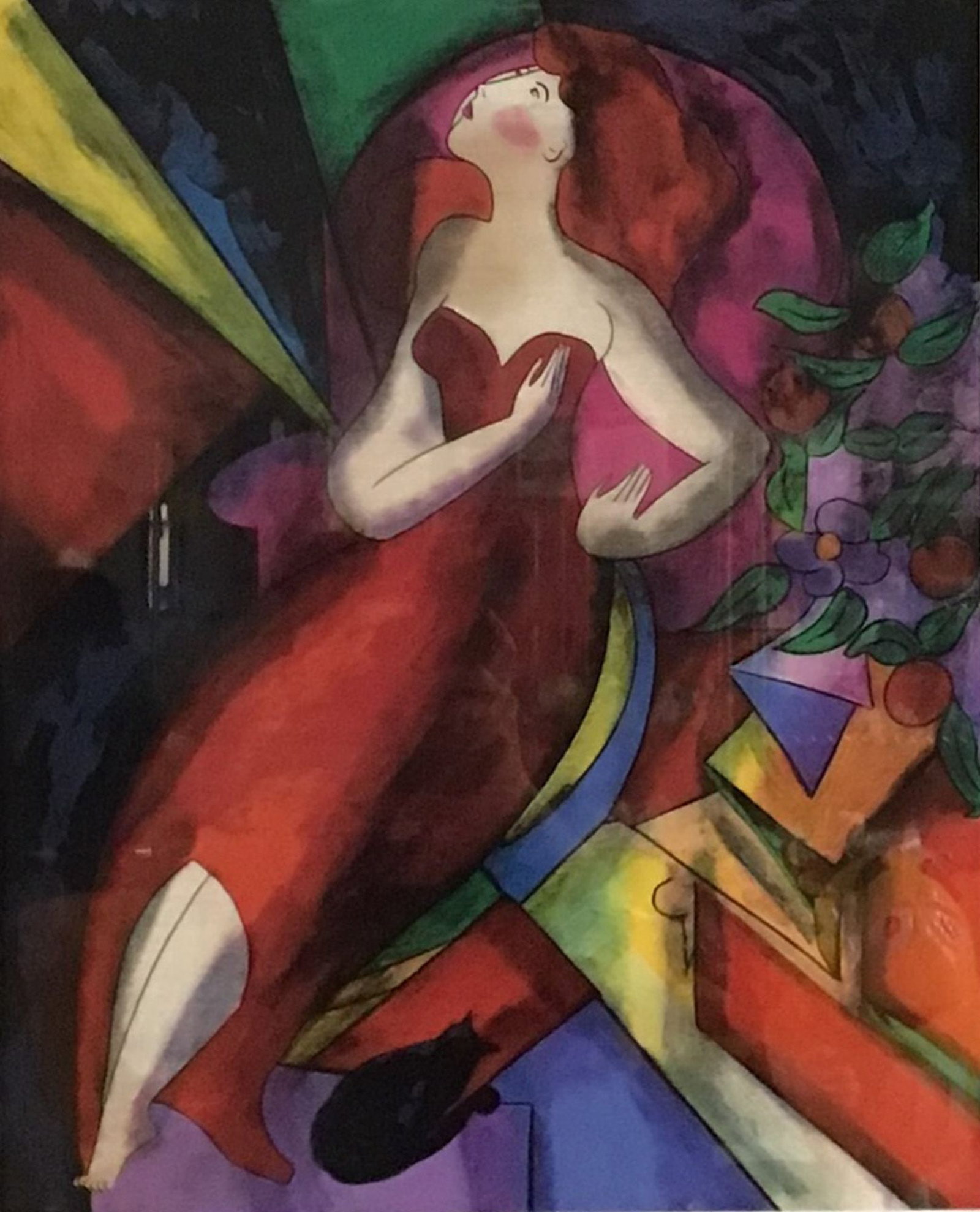 Linda Le Kinff (French, b. 1949) Seriolithograph Romane, Signed: A vibrant contemporary seriolithograph in color on paper titled Romane by Linda Le Kinff (French, b. 1949). The work features a stylized, elegant woman with flowing red hair dressed in a strapless red