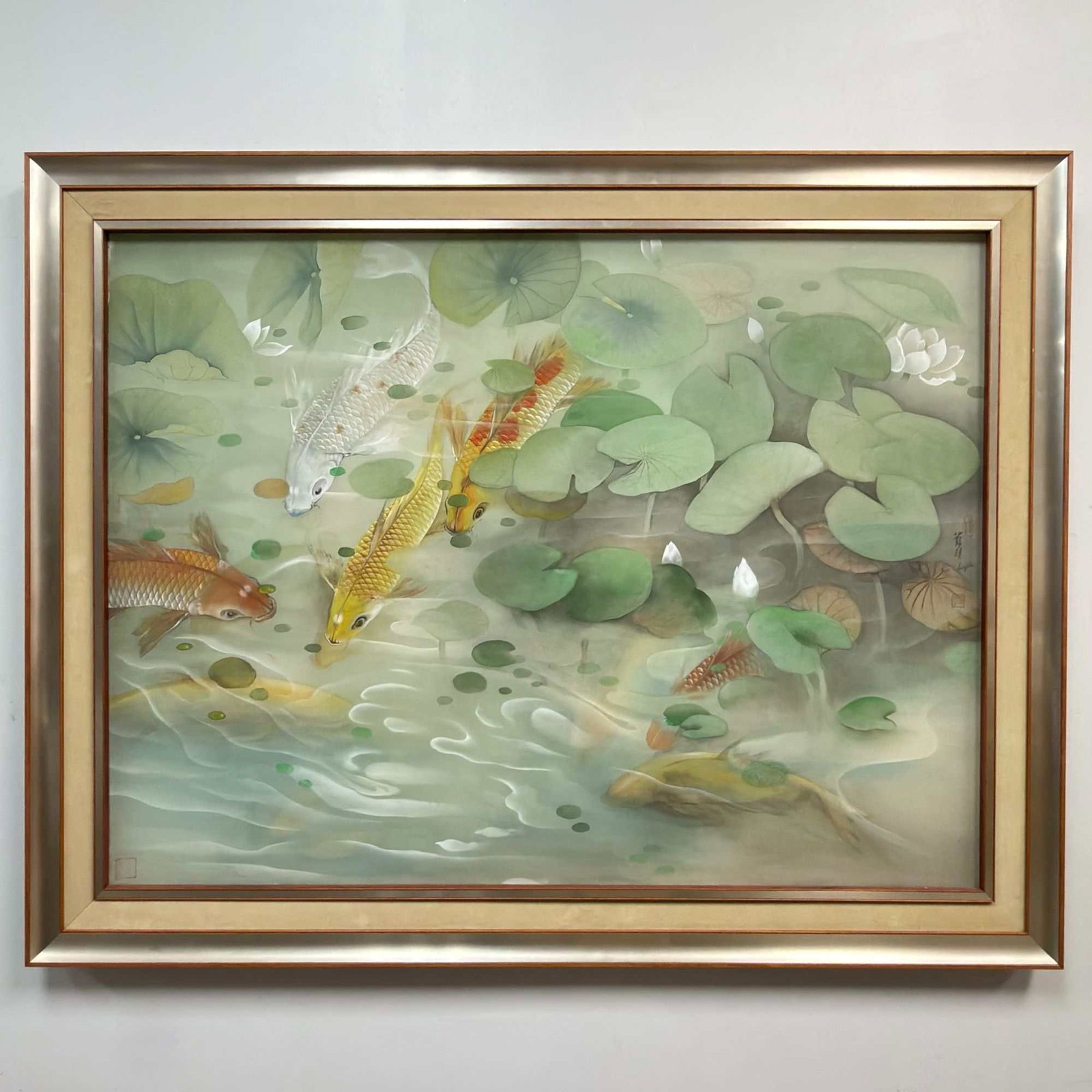 Large Chinese Watercolor and Gouache on Silk, Koi Fish and Lotus (1 of 4)