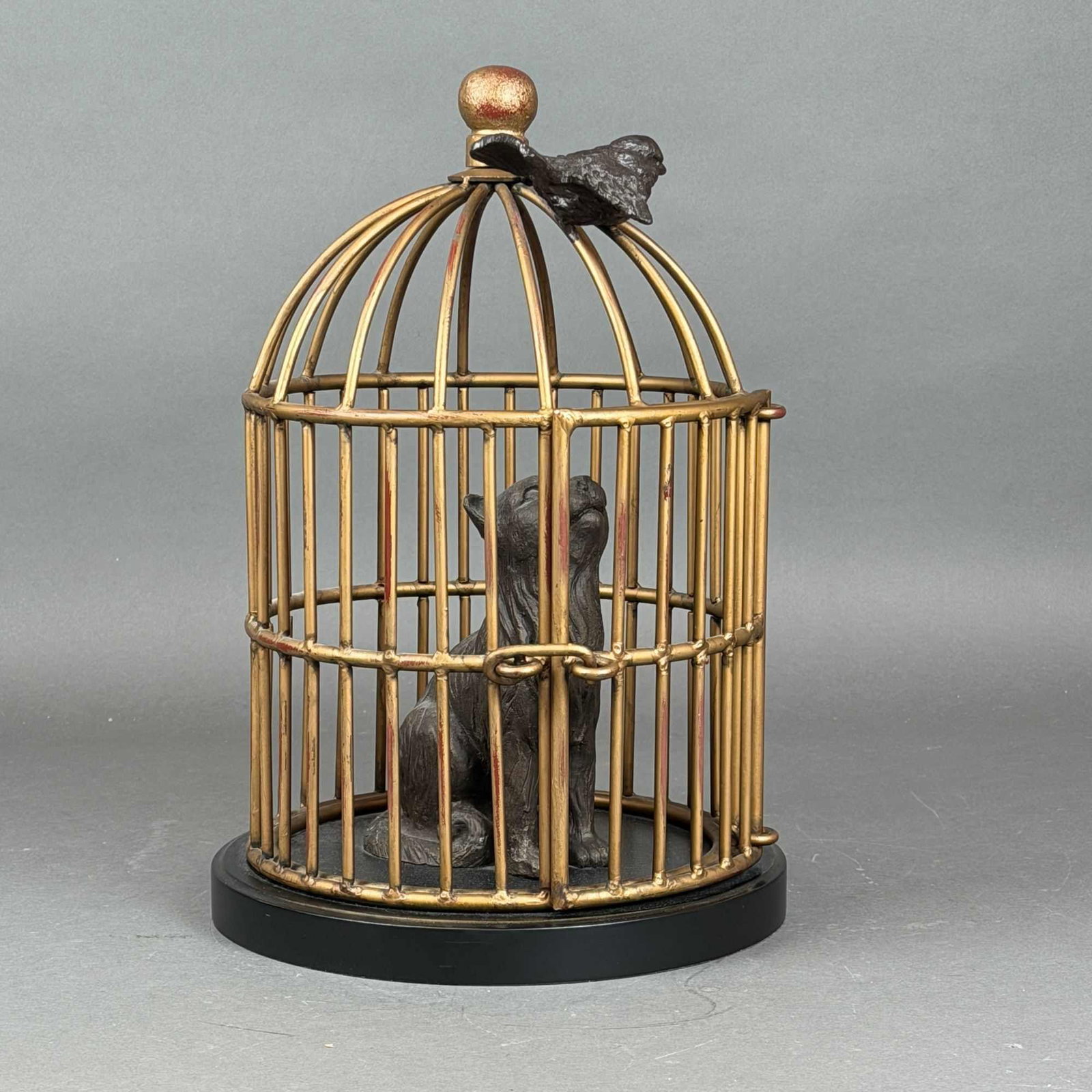 Cat in Bird Cage Mixed Metal Sculpture (1 of 4)