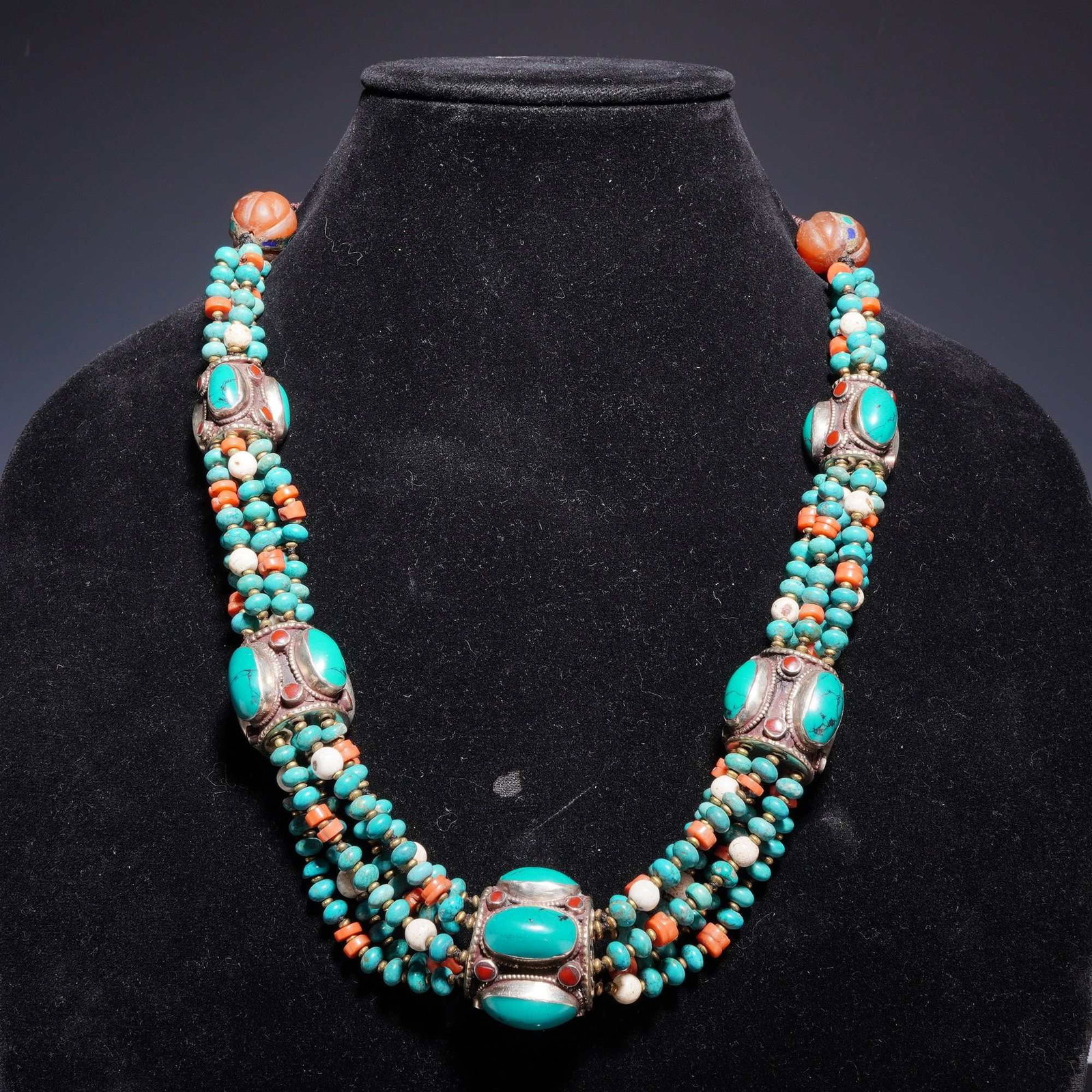 Tibetan Style Three Strand Turquoise and Coral Bead Necklace (1 of 3)