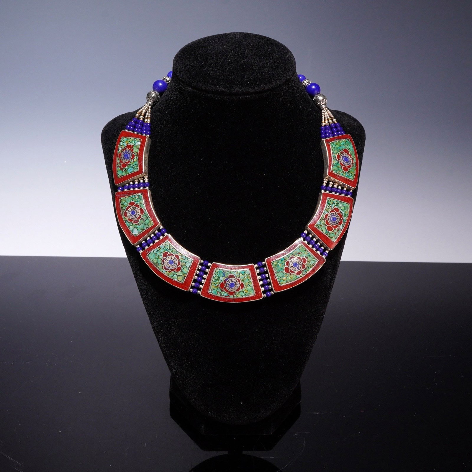 Tibetan-Style Mosaic Inlay and Multi-Strand Lapis-Colored Bead Costume Necklace (1 of 3)