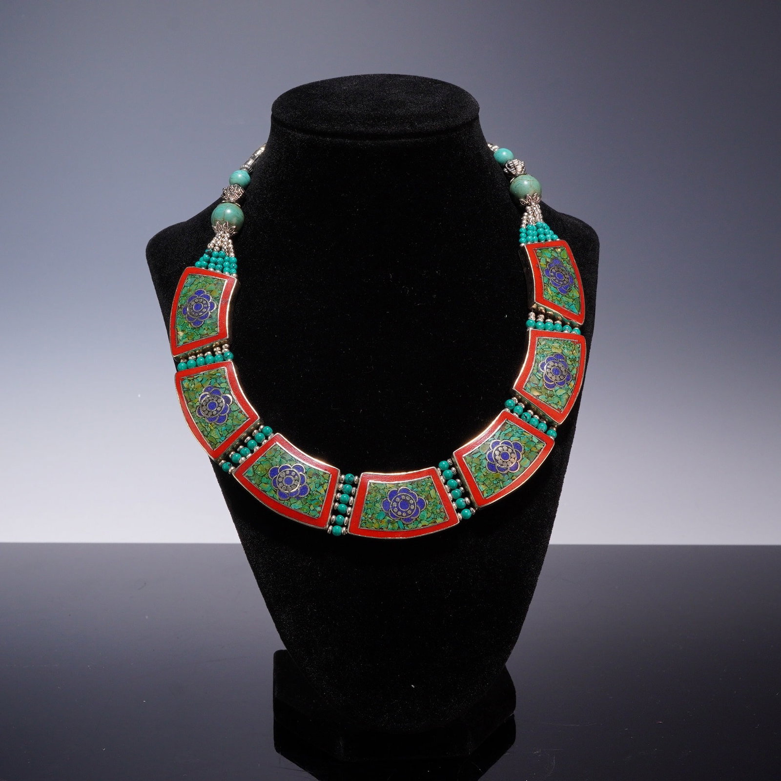 Tibetan-Style Silver-Tone Collar Necklace with Turquoise and Coral Mosaic Inlay (1 of 3)