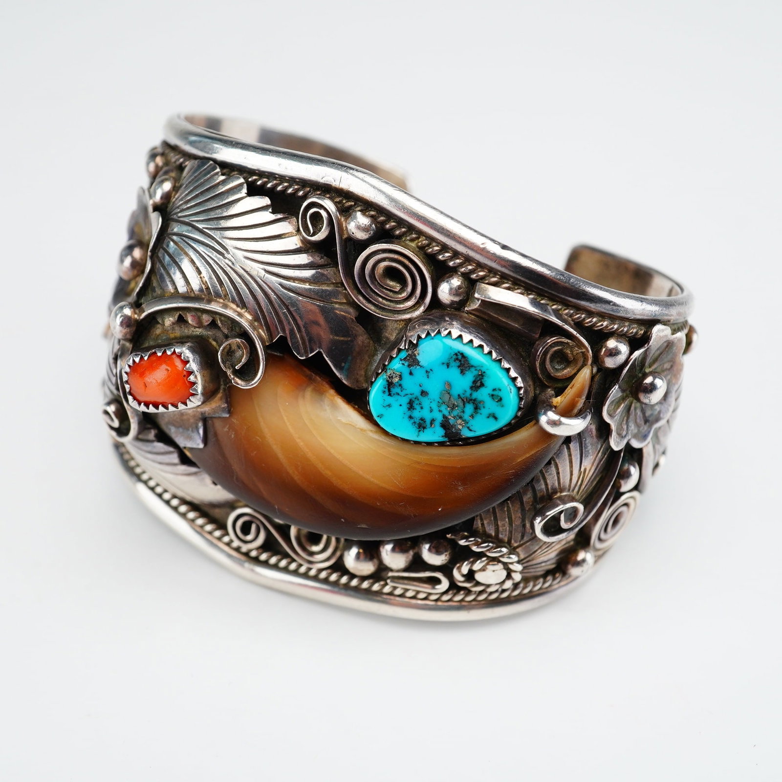 In the Style of M. Thomas Jr. Navajo Sterling Silver Turquoise and Bear Claw Cuff Bracelet (1 of 4)