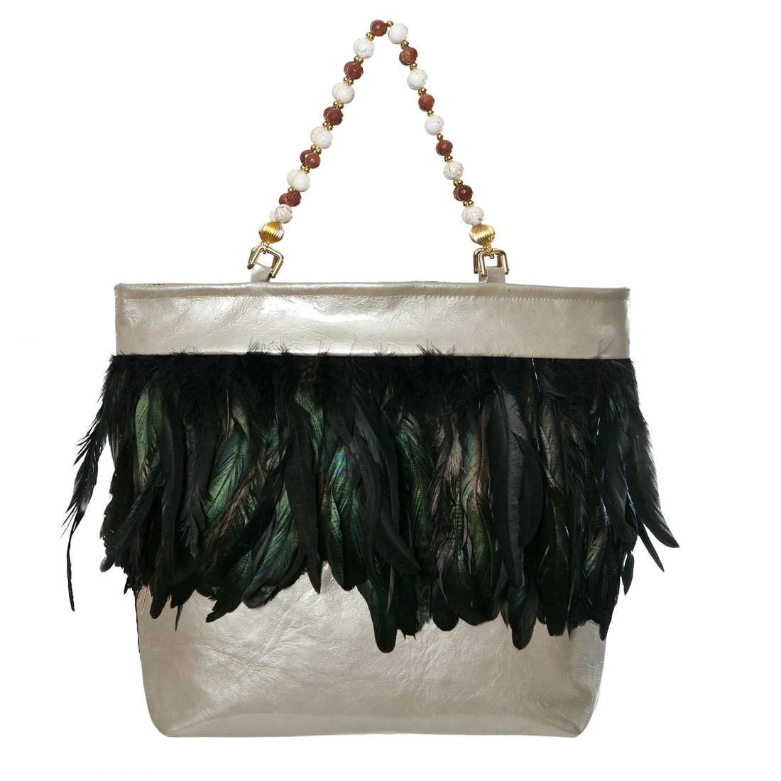 Irene Marie Angel Bag, Mary Precious Grande Leather: One-of-a-kind, unique creation, couture taupe patent leather precious bag with natural black iridescent schlappen feathers. Lining Brown silk rayon animal print. Handle White turquoise 16mm beads and 