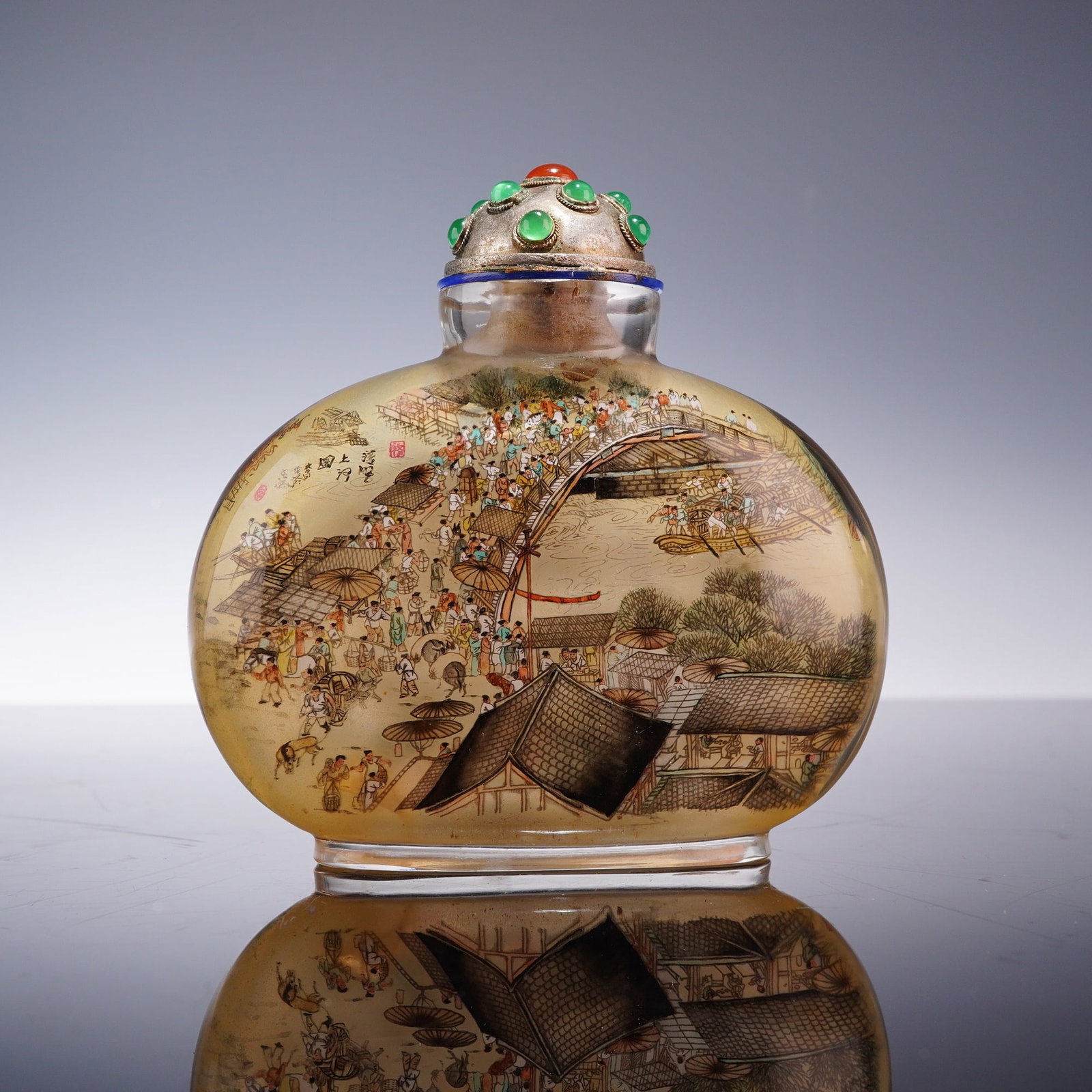 Chinese Inside-Painted Glass Snuff Bottle with Stopper, Qingming Festival (1 of 3)