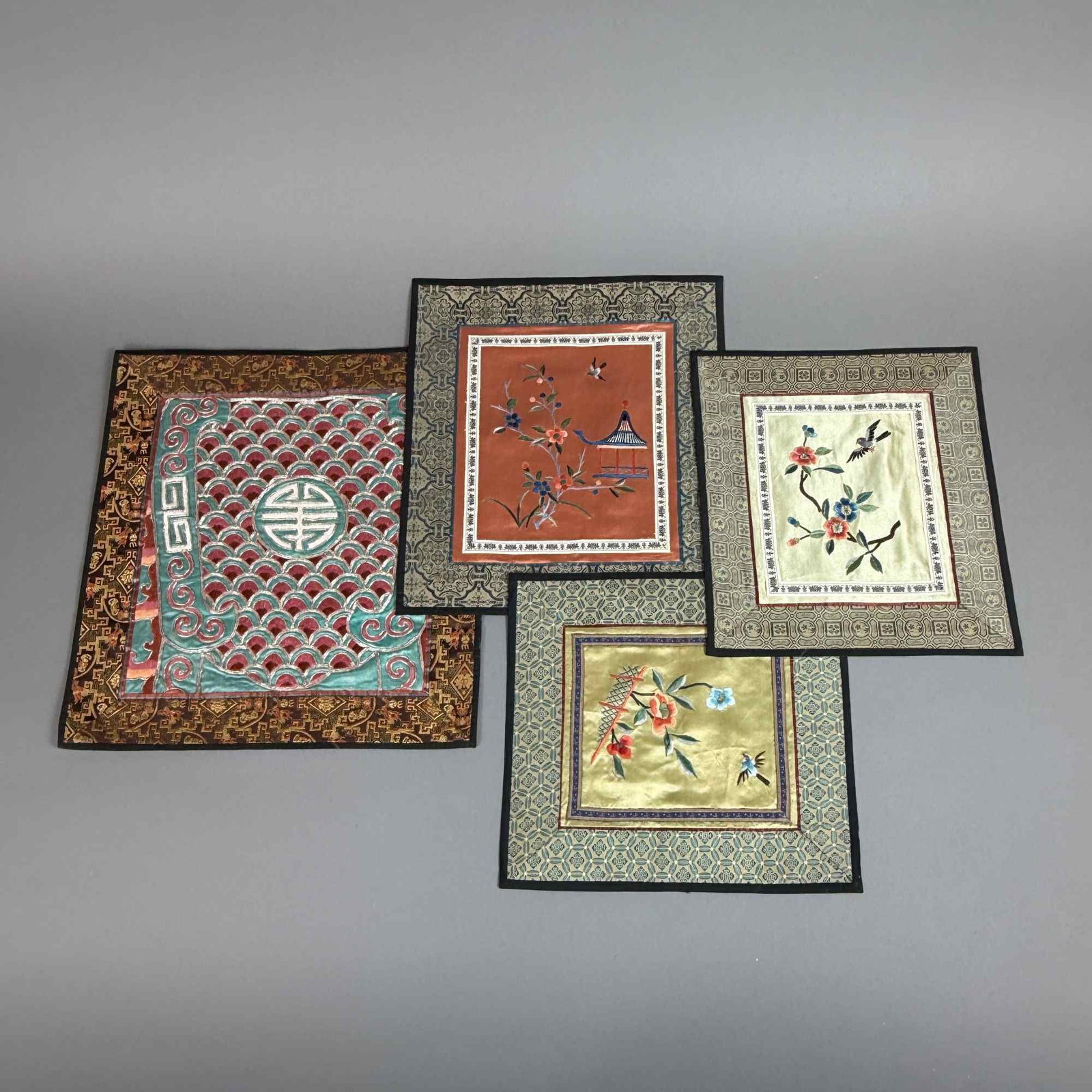 4pc Chinese Silk Embroidered Panels with Bird and Flower Motifs (1 of 6)