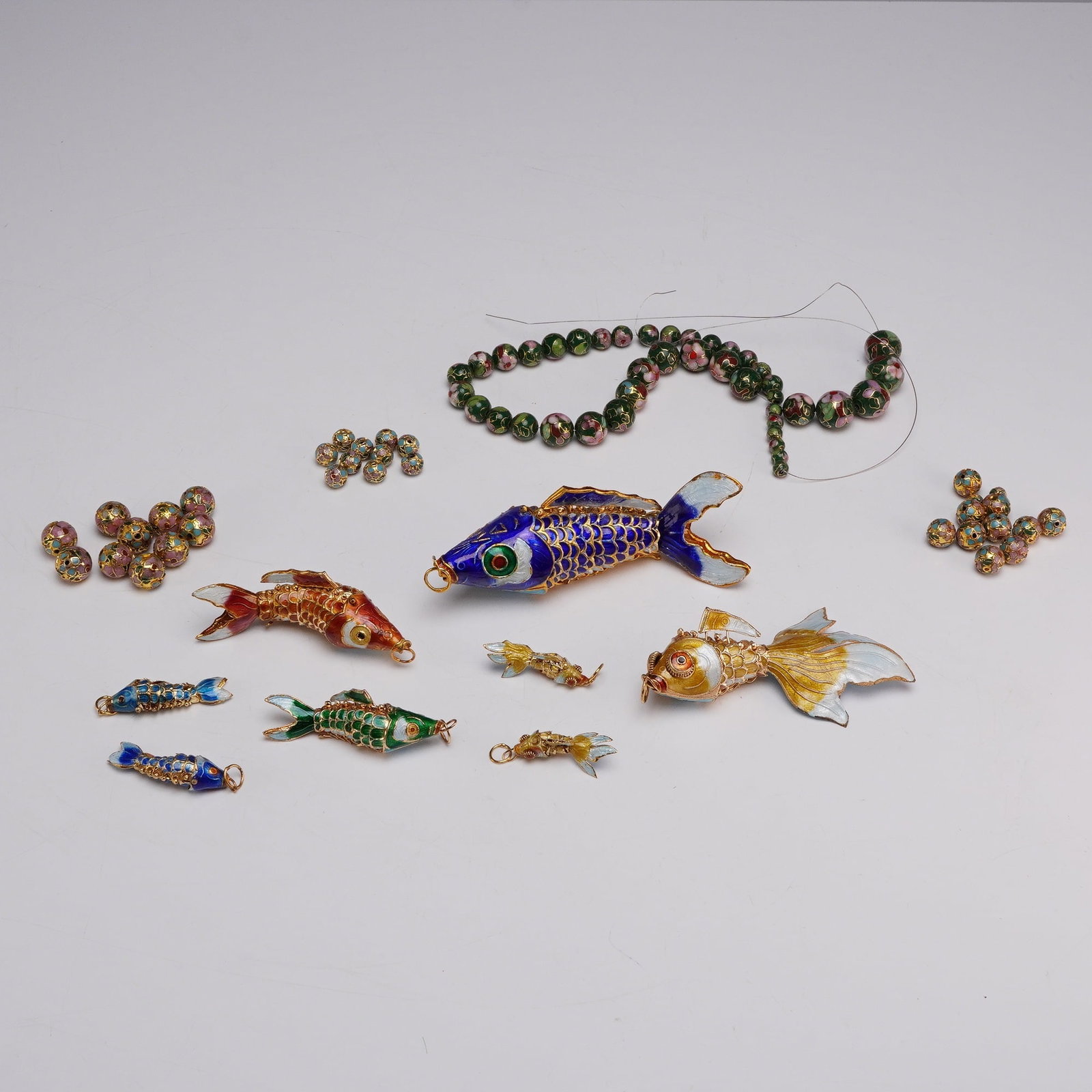 12pc Collection of Chinese Style Articulated Cloisonne Enamel Fish Pendants and Beads (1 of 5)
