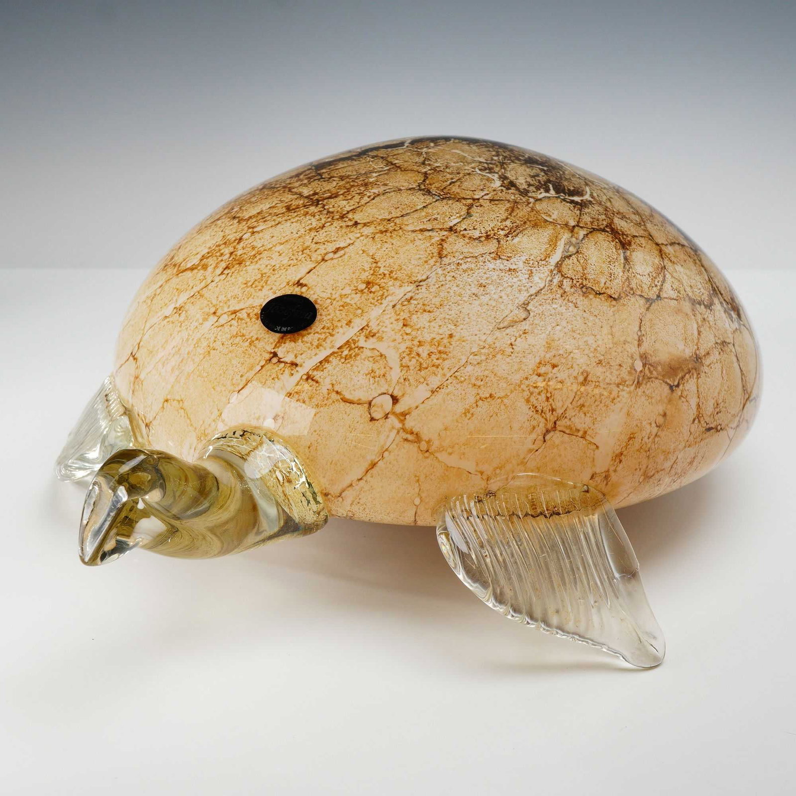 Jozefina Krosno Hand Blown Art Glass Sea Turtle Sculpture: A hand-blown art glass sea turtle sculpture produced by the Jozefina glassworks in Krosno, Poland. The figurine features a large, domed shell decorated with a mottled, crackle-like pattern in variegat
