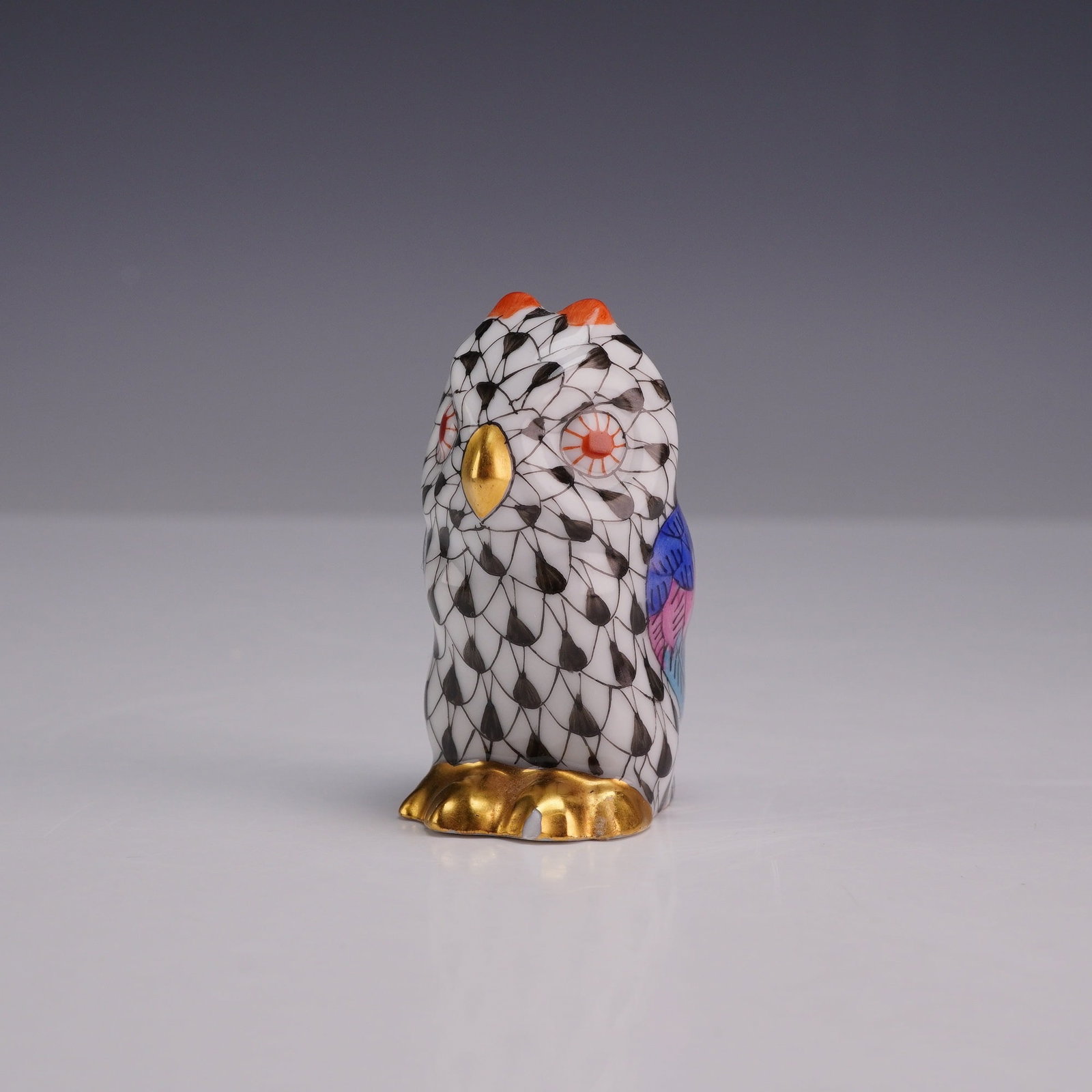Herend Porcelain Figurine, Model 5102, Small Black Fishnet Pattern Multicolor Owl (1 of 3)