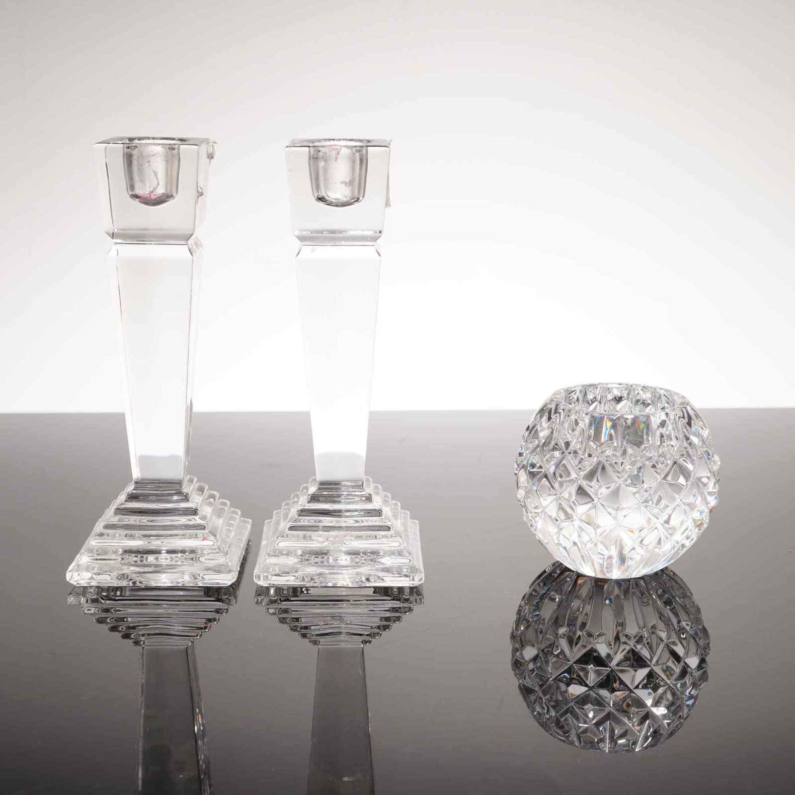 Three Piece Crystal Collection Including a Pair of Lenox Candlesticks and a Waterford Tealight (1 of 3)