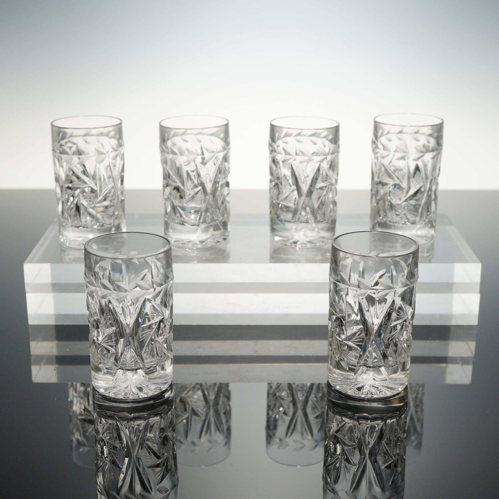 Set of Six Cut Crystal Shot Glasses with Laurel Leaf Etching (1 of 3)