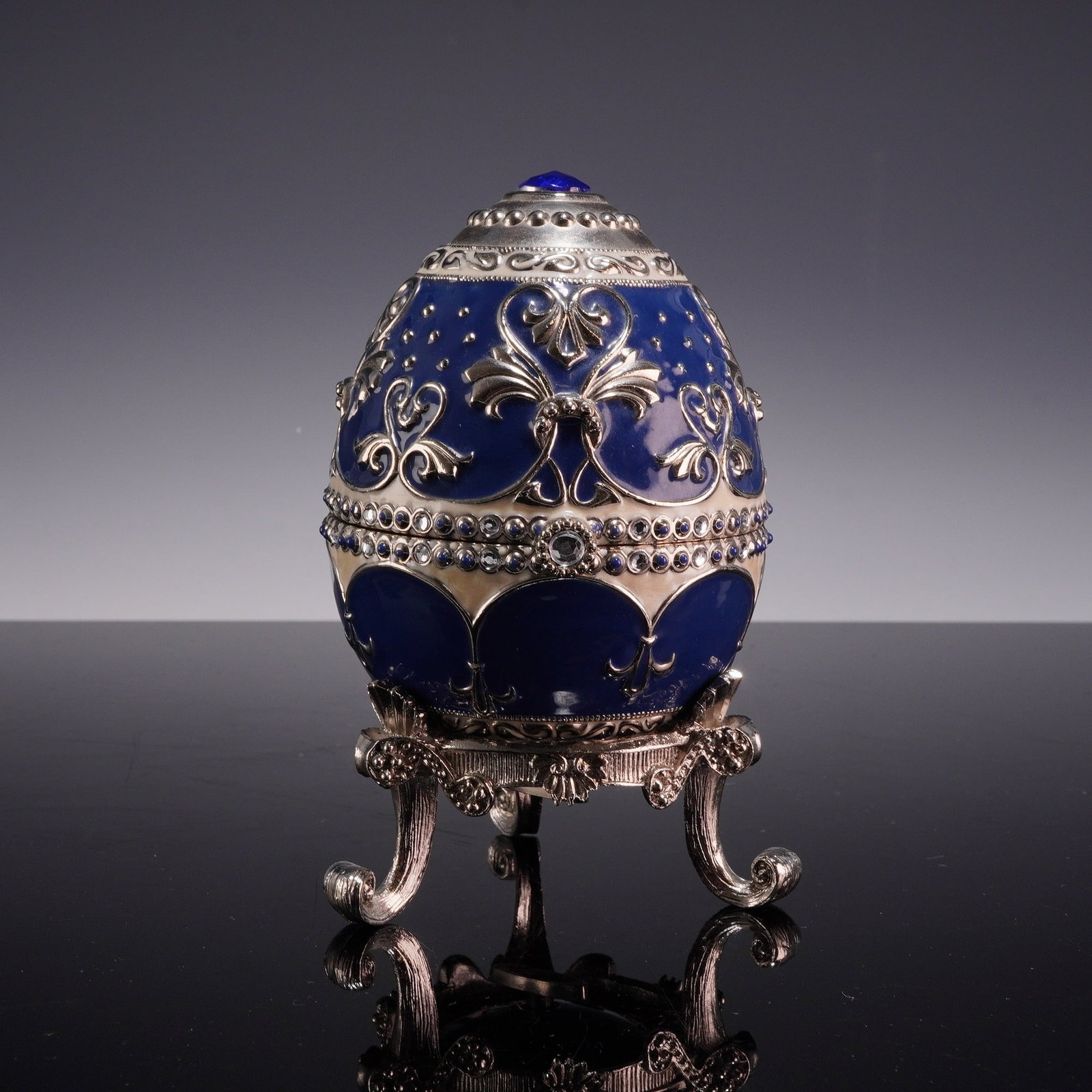 Faberge Style Cobalt Blue and Cream Enameled Musical Egg Box with Stand (1 of 4)